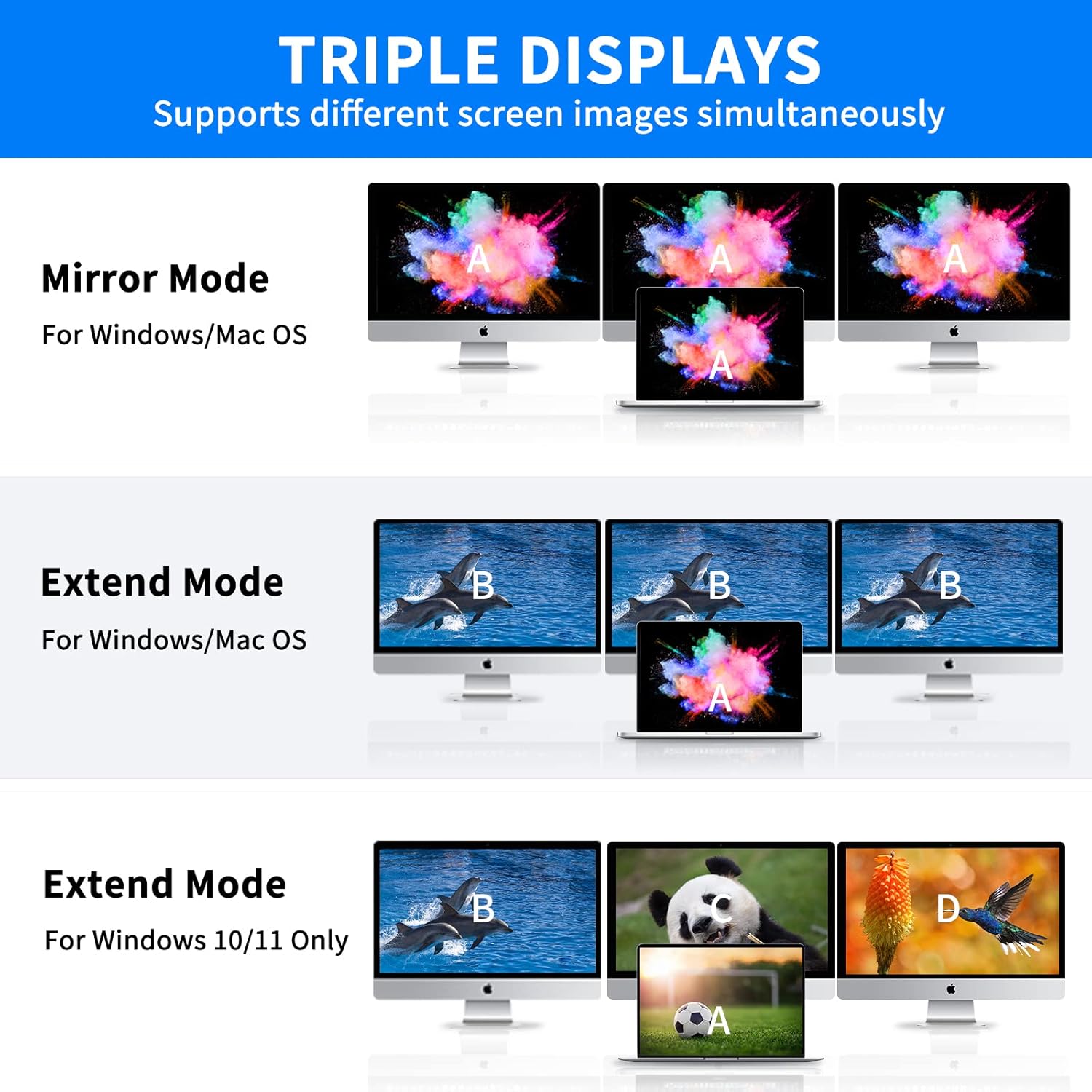 Diagram showing triple display modes for Windows and Mac OS