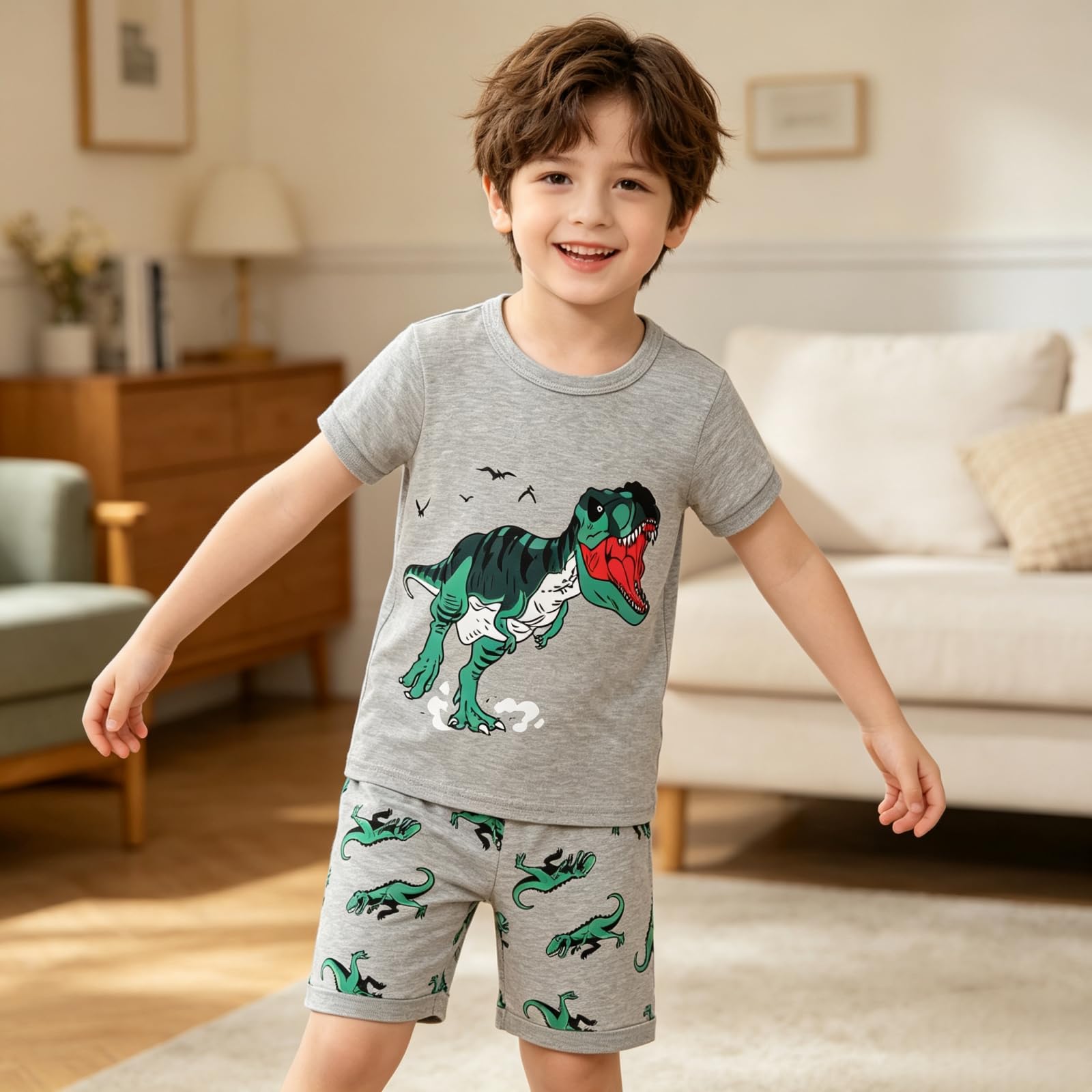 Pijamas de Verano para Niño Dinosaurio/Tiburón/Astronauta 100% Algodón Manga Corta Conjunto 1-12 Años