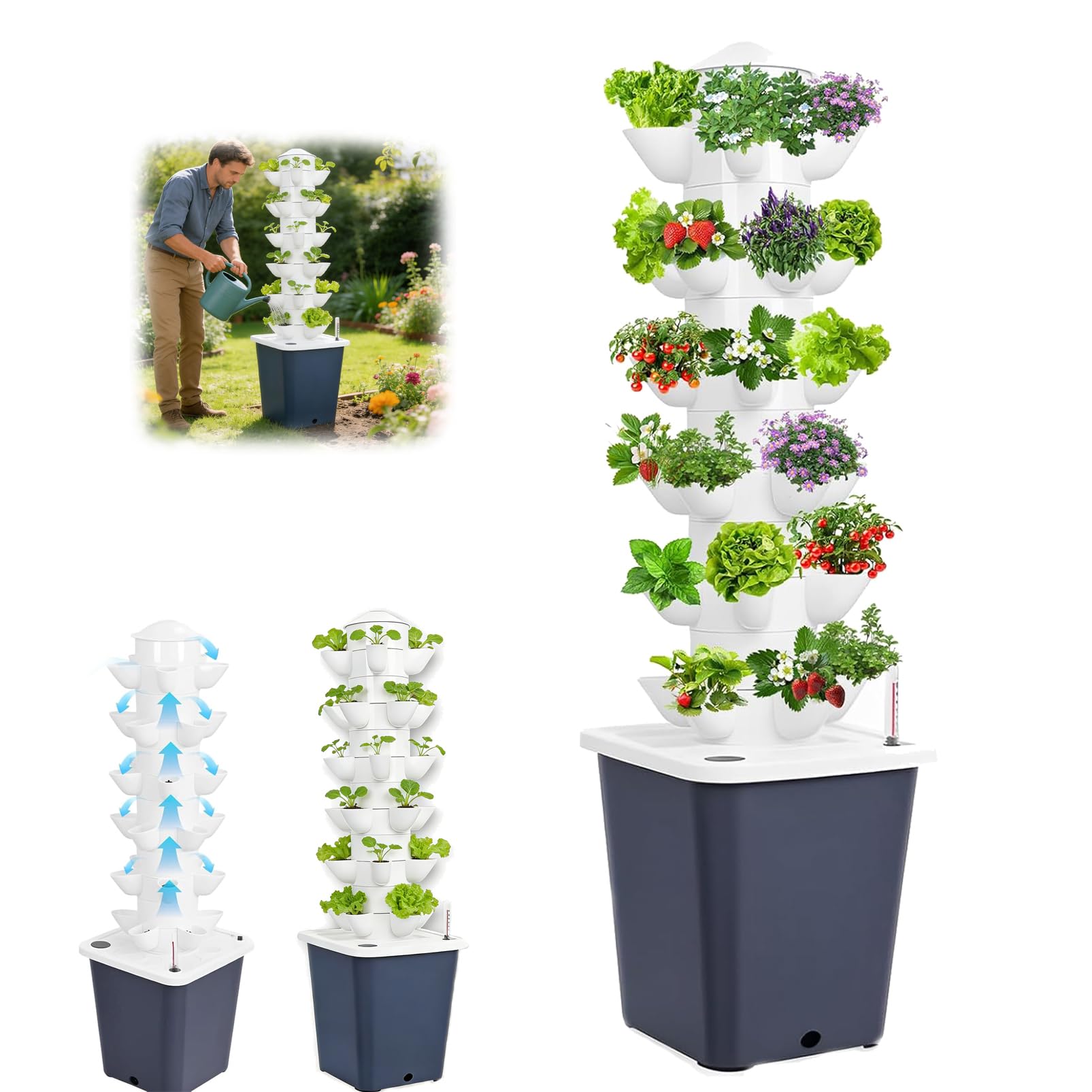 Hydroponic Growing Tower, Hydroponie Kit Complet 30/45 Trous, kit de Culture aéroponique pour Herbes, Fruits et légumes avec Pompe hydratante, Adaptateur, Pots en Filet