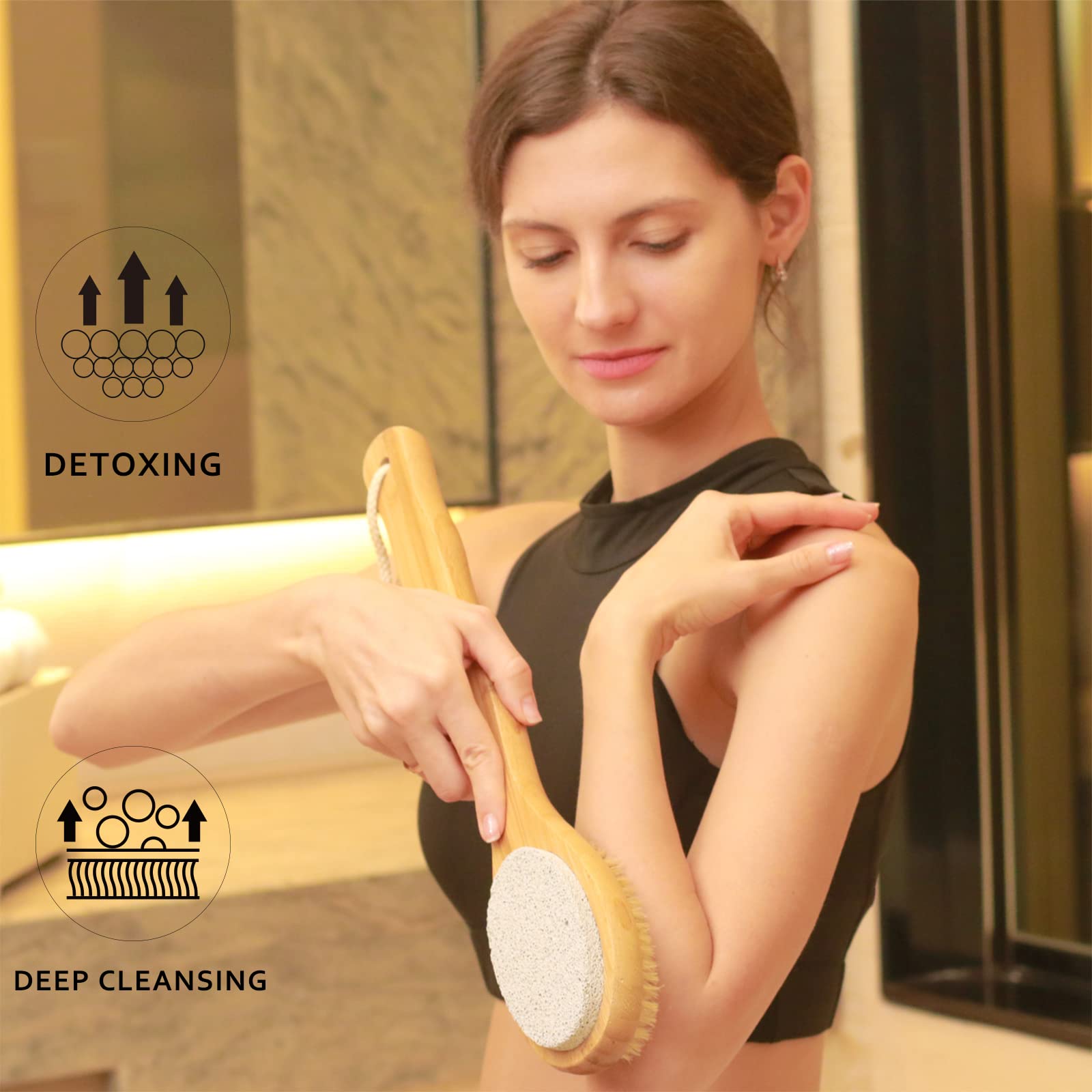 ICANdOIT - Cepillo de baño y ducha 2 en 1 de mango largo, cerdas de jabalí con piedra pómez que exfolia y suaviza la piel, cepillo corporal para celulitis y drenaje linfático