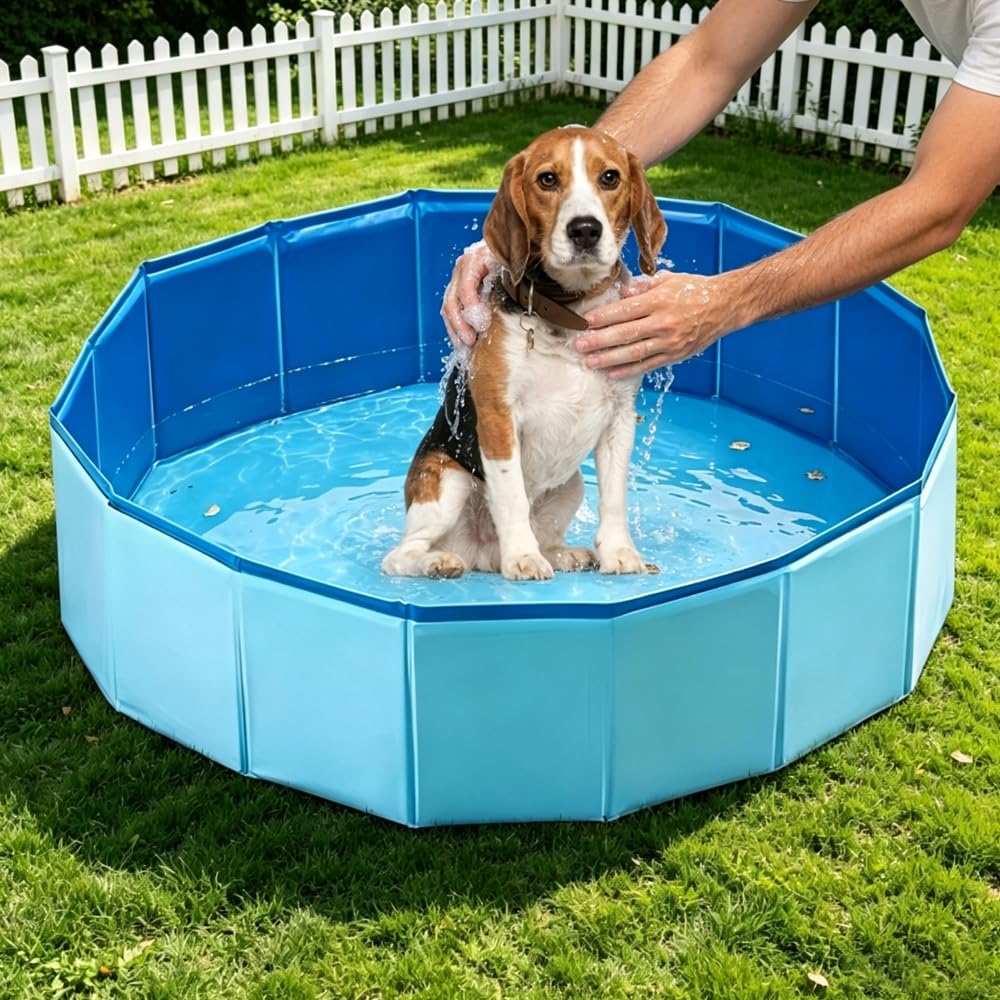 Piscina per Cani, 120 x 30 cm Piscina Cani Pieghevole con Valvola di Scaric, Piscina per Cani di Piccola, Media e Grande Taglia, Stabile PVC, Blu