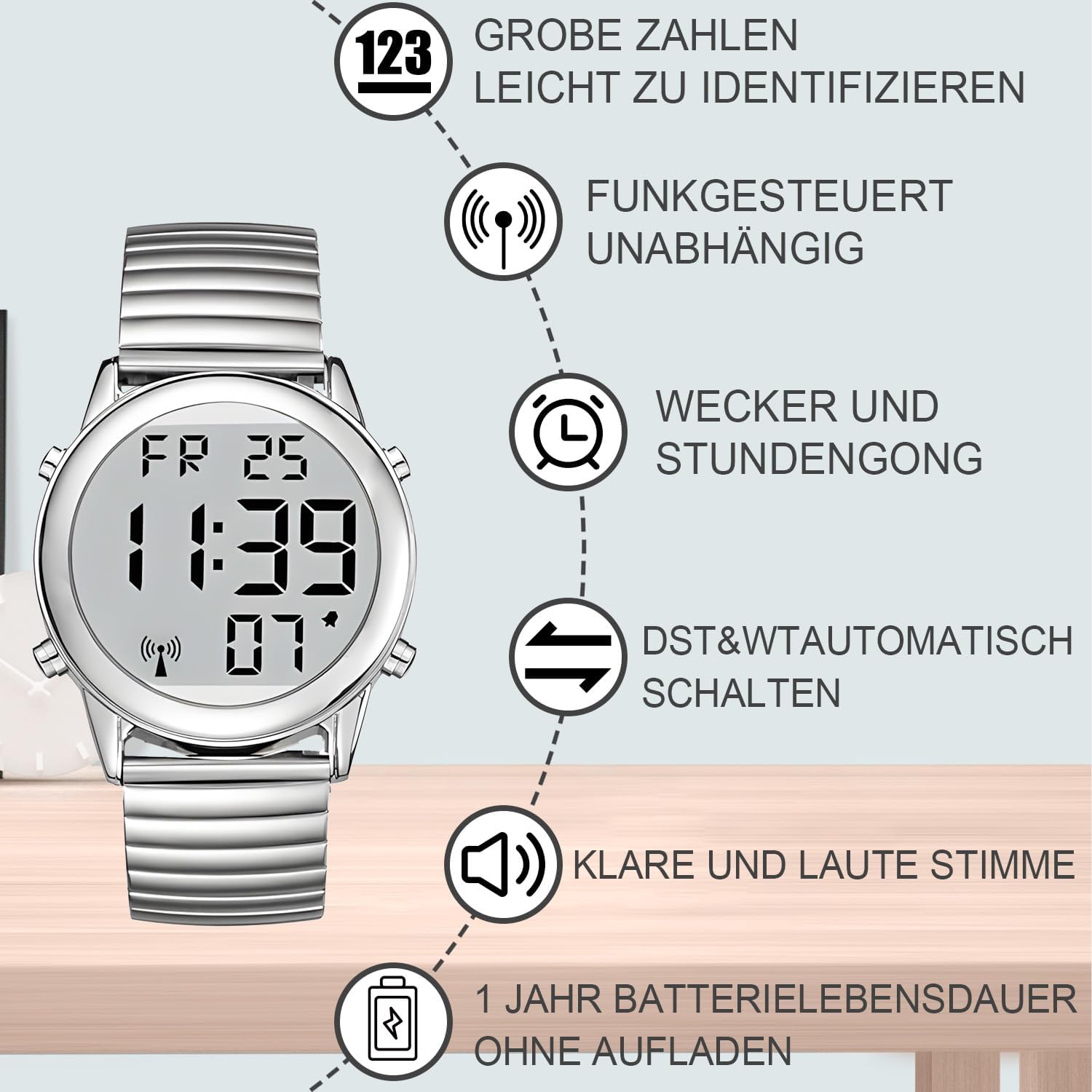 Atomic American English Talking Digital Watch Speaks Clear and Loud Time, Date and Alarm time for Senior,Visually impaired or Blind People