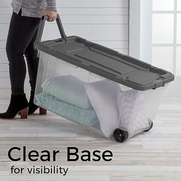 Extra Large Clear Wheeled Storage Bin, 40 Gallon, Plastic Container with Latch Lid and Pull Handle for Closet, Garage, Office