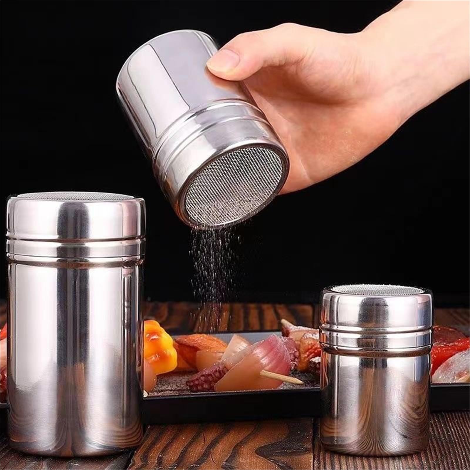 Tamiz de coctelera café Acero Inoxidable 4 Piezas con Tapa para Casa | Harina, azúcar, salero, glaseado, tamiz de malla, botella de condimento for barbacoa, suministros de cocina(L)