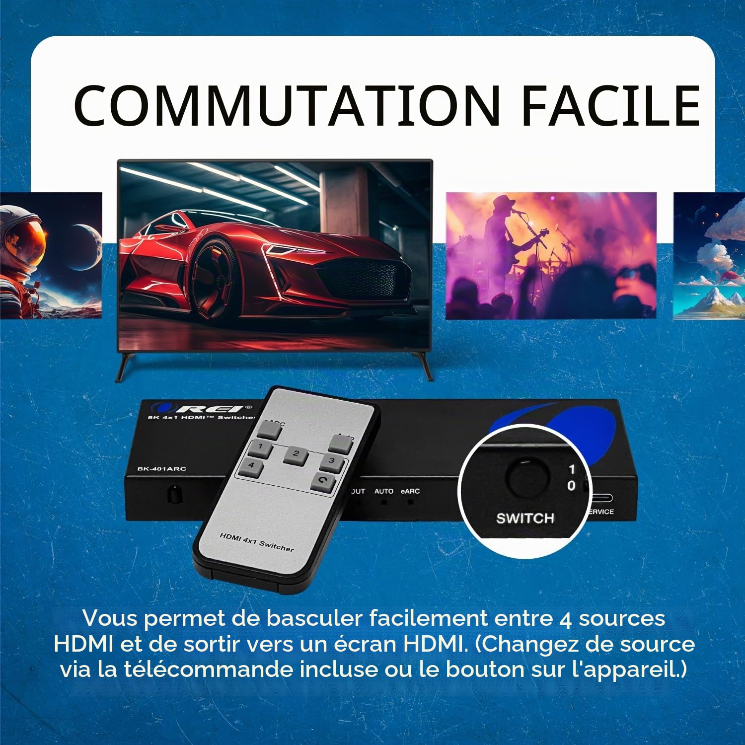 OREI 8K eARC HDMI 2.1 Switch 4 x 1, commutateur avec extracteur Audio UltraHD Prend en Charge jusqu'à 4K @ 120 Hz PS5, Jeux, télécommande Contorl IR EDID HDCP 2.3 - Sortie Optique, écouteurs L/R