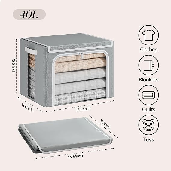 Yecaye Clothes Storage Bins with Metal Frame, Foldable Organizer Box, 40L