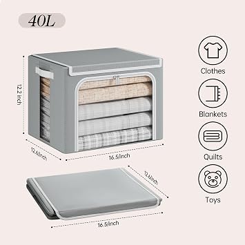 Yecaye Clothes Storage Bins with Metal Frame, Foldable Organizer Box, 40L