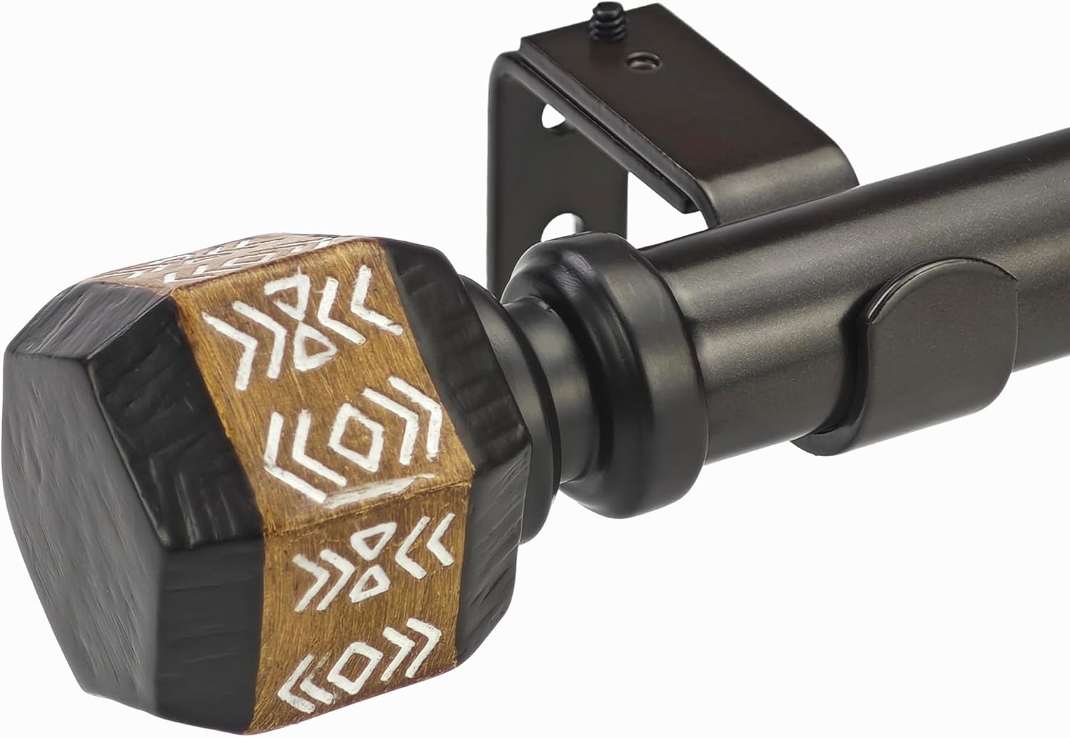 Dark Bronze Curtain Rod Set with Faux Wood Geo Pattern Carved Finial, 72-144 inch, Standard Single Drapery Rod for 1 Pack, 1 inch diameter, Adjustable Length