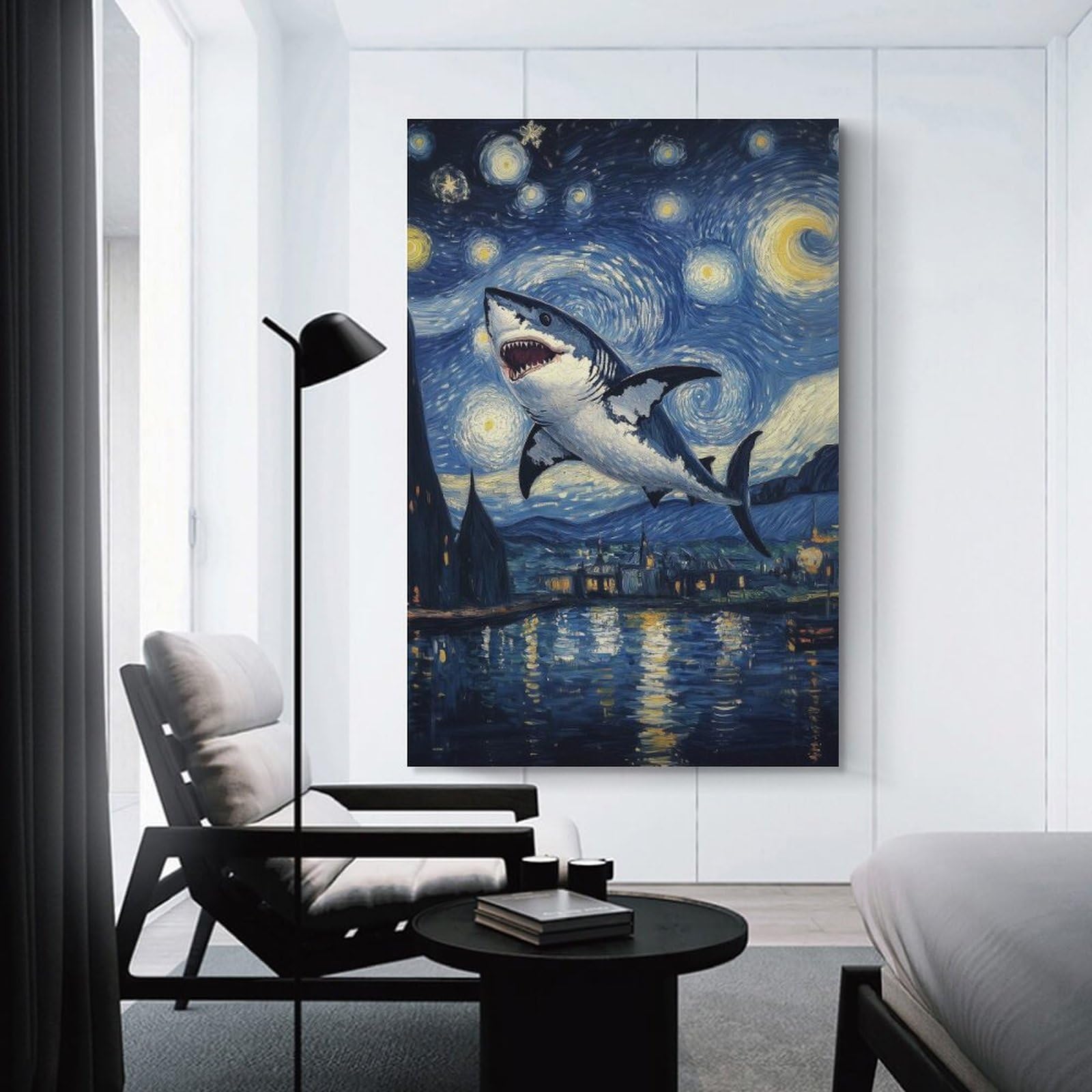 Junmoney Unframe-Style-4 Shark In Starry Night Canvas Wall Decor 24X36inch(60X90cm), For Study, Office Or Focused Interiors, Wall Art That Adds Style To Work Areas