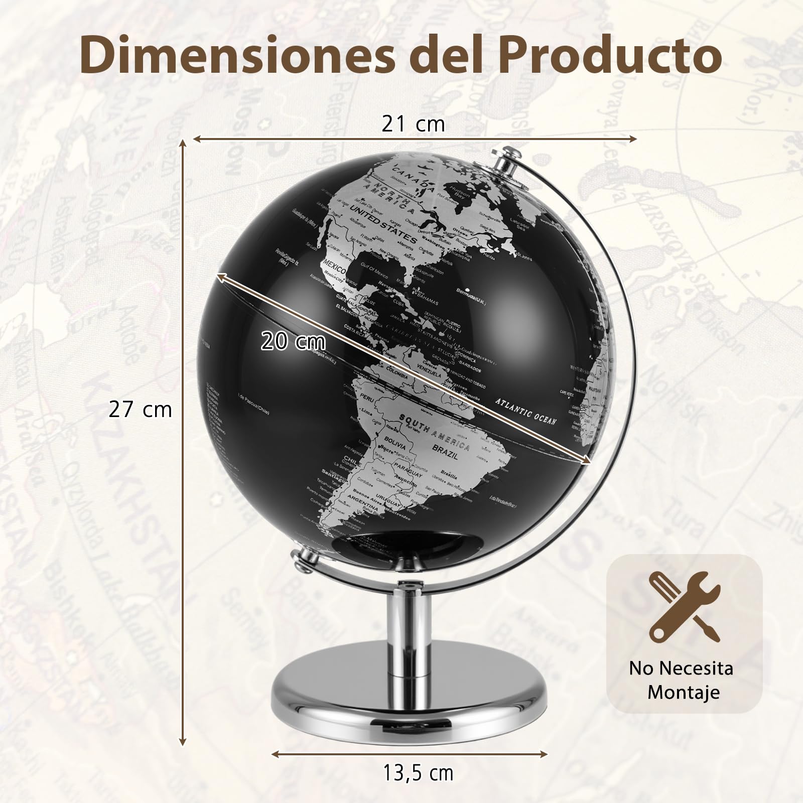 GOPLUS Globo Terráqueo Moderno Negro con Detalles Dorados/Plateados, Soporte Metálico, Base Antideslizante, Zona Horaria, Globo Terráqueo Decorativo de Mesa para el Hogar, la Oficina (Plata)