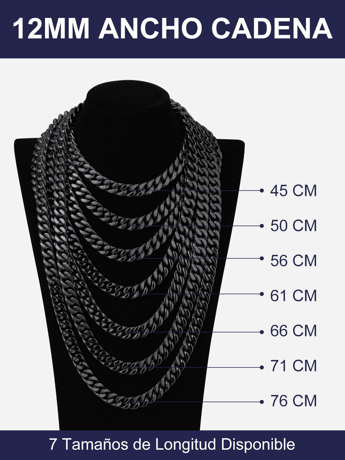 Bandmax Collar Cubano de Hombre Mujer Eslabones Planos Cierre Practico 45cm a 76cm Largo Chapado en Platino/Oro/Negro Regalo a Hijo Pareja, Joyero Incluido