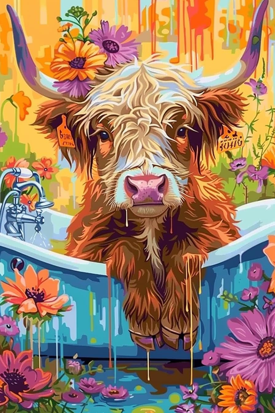 1000 Pieces Puzzles for Adult Wooden Jigsaw Puzzle 1000 Piece Puzzle Adult Elderly Puzzle Flower and Bathtub Highland Cow Puzzle Gift for Mom Dad Family Friend Home Decor Wall Art