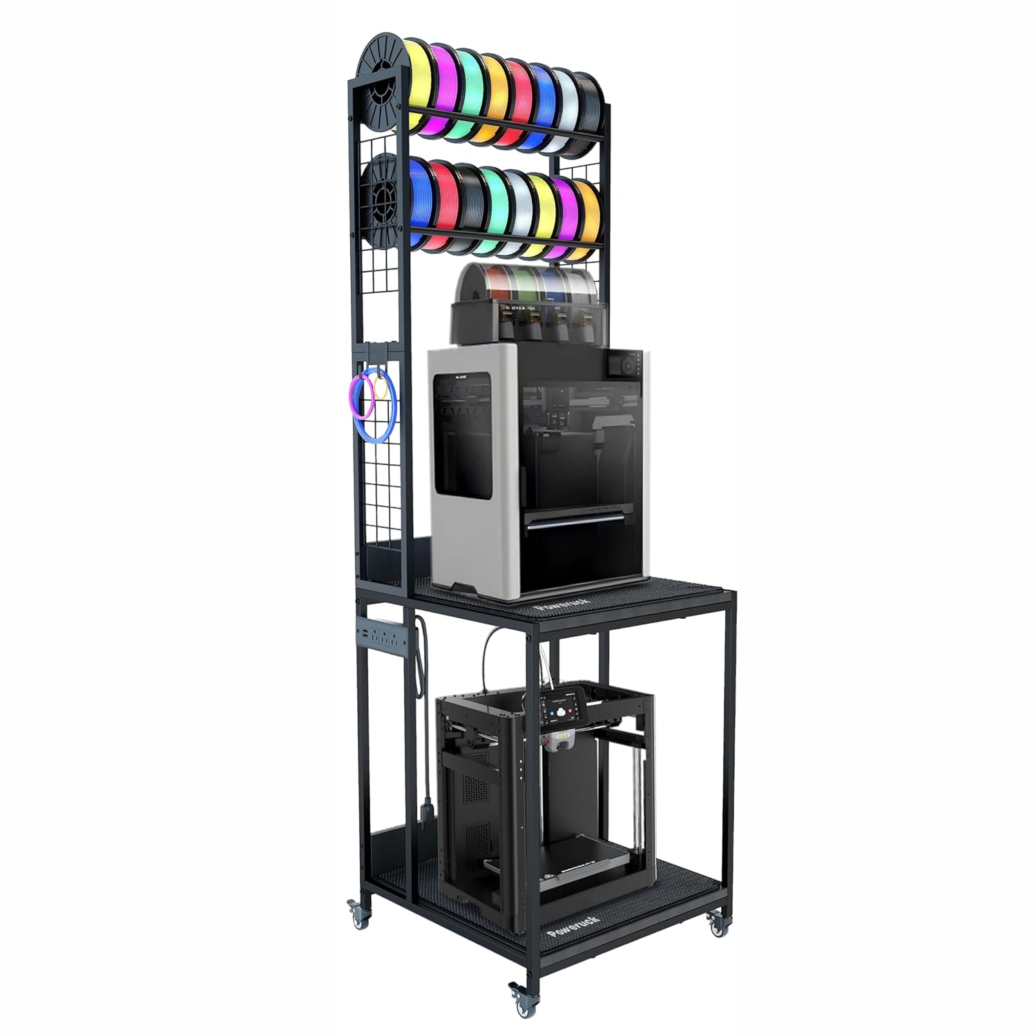Heavy Duty PRT22 3D Printer Stand with Power Hub, High Density Polymer Vibration Damping Pads, Elevated Storage & Locking Wheels for Most Large Printers