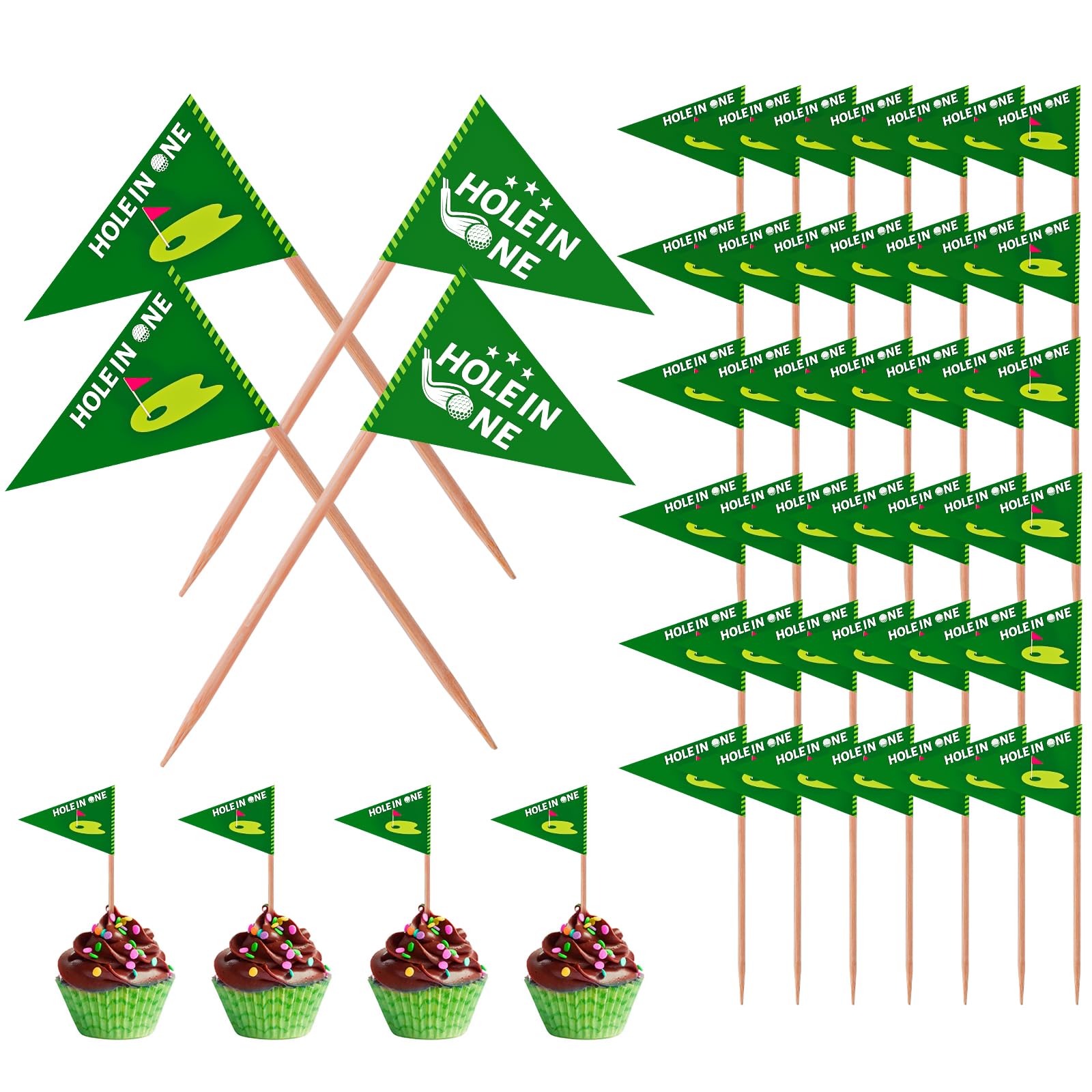 50pcs Hole in One Golf Toothpick Flags, Mini Golf Themed Cake Toppers Food Stick Flag Cupcake Decor for Birthday Party Celebration Bar Decorations