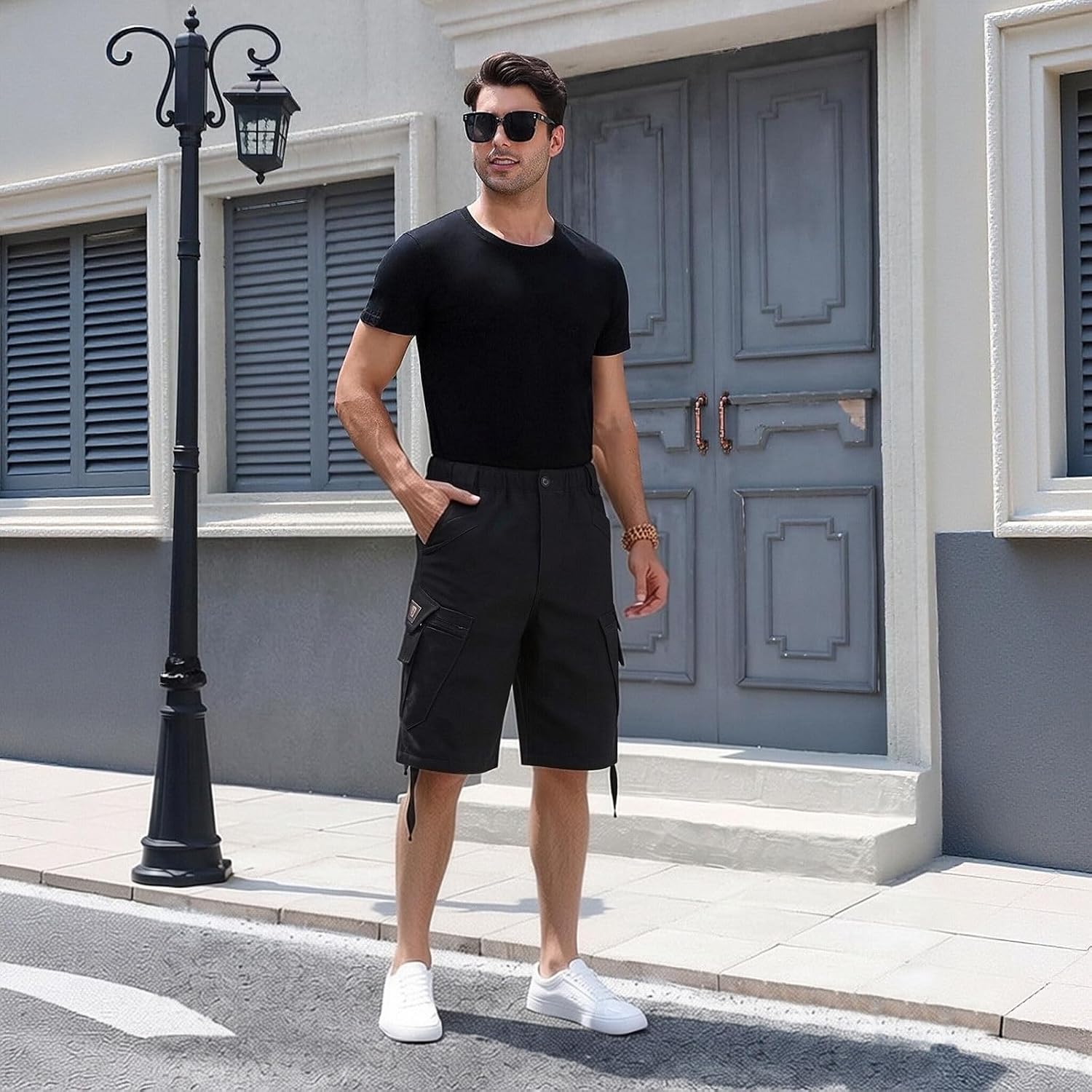 TebYA Cargo Shorts for Men - Outdoor Running Mens Shorts, Cotton Hiking Men's Shorts with 8 Pockets Elastic Waist