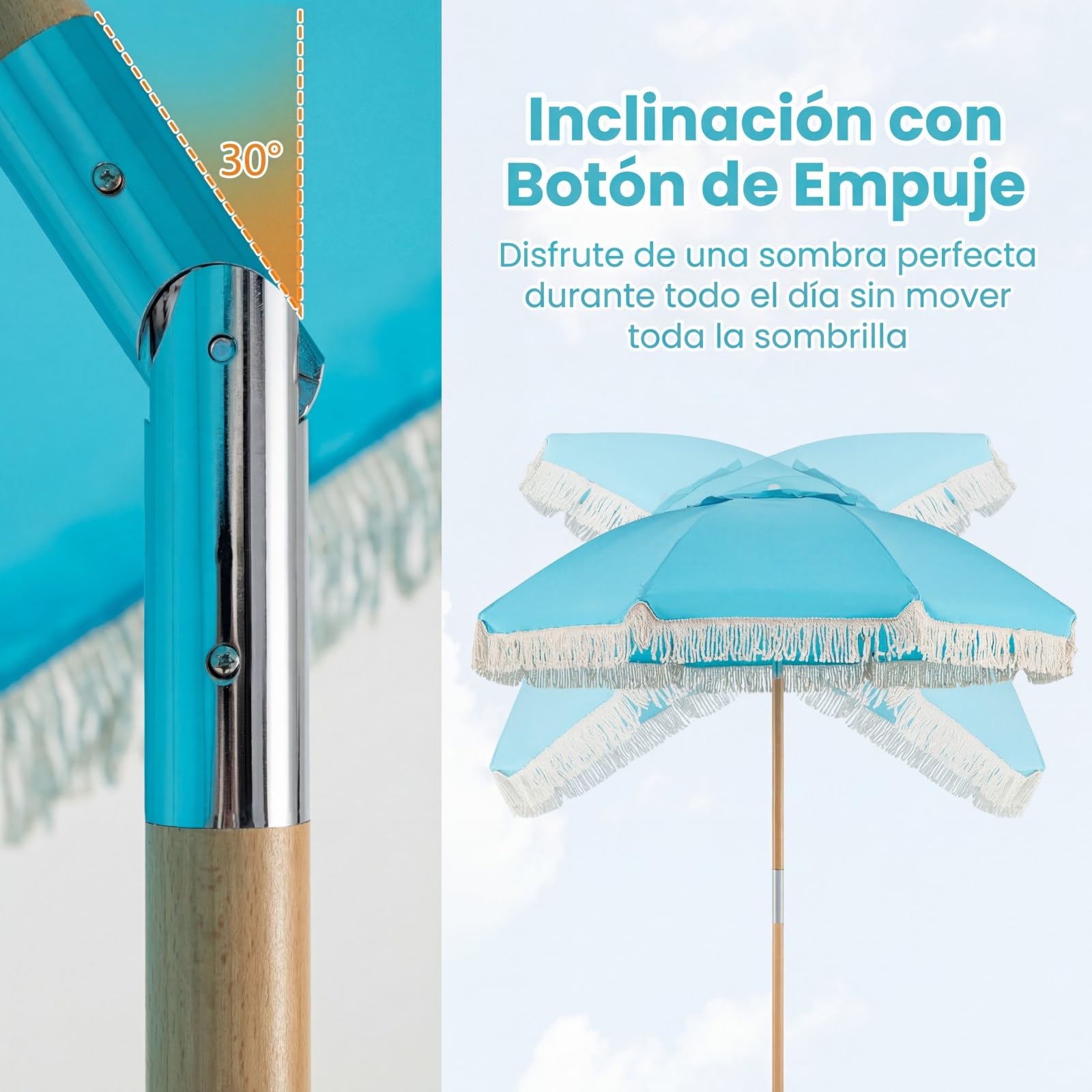 COSTWAY Sombrilla Playa Grande, 170 cm Sombrilla Terraza Exterior con Mástil de Madera, Inclinación 30°, 8 Varillas de Fibra de Vidrio y Borlas, Parasol Exterior de Flecos para Playa Jardín