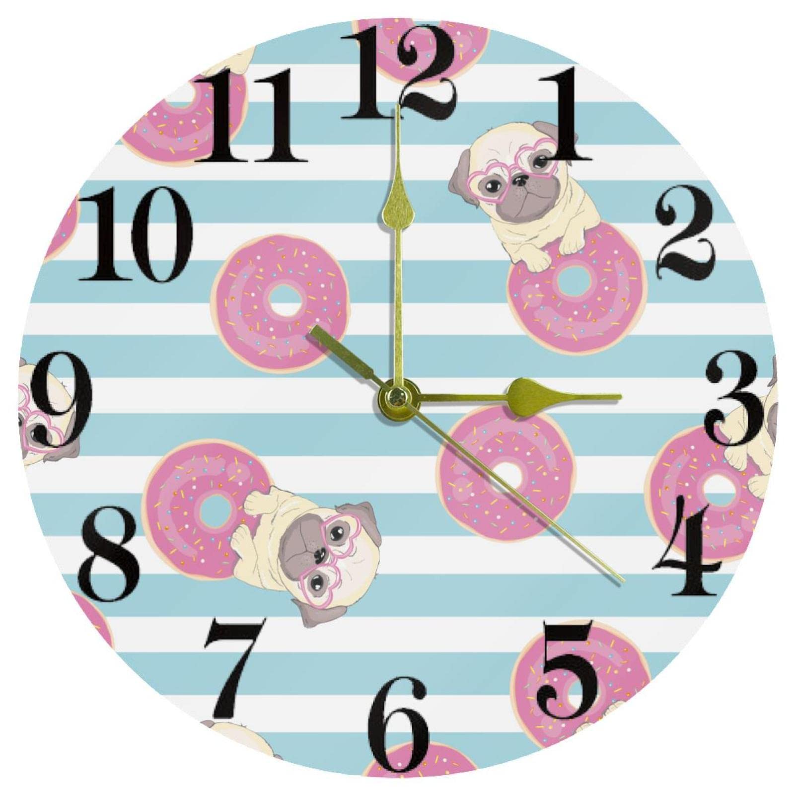 Horloge murale ronde silencieuse motif carlin bleu et rose de 25,4 cm