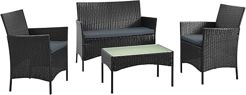 Manhattan Comfort Imperia - Juego de conversación de patio de 4 piezas, muebles de exterior de ratán de acero, incluye 2 sillones modernos, sofá