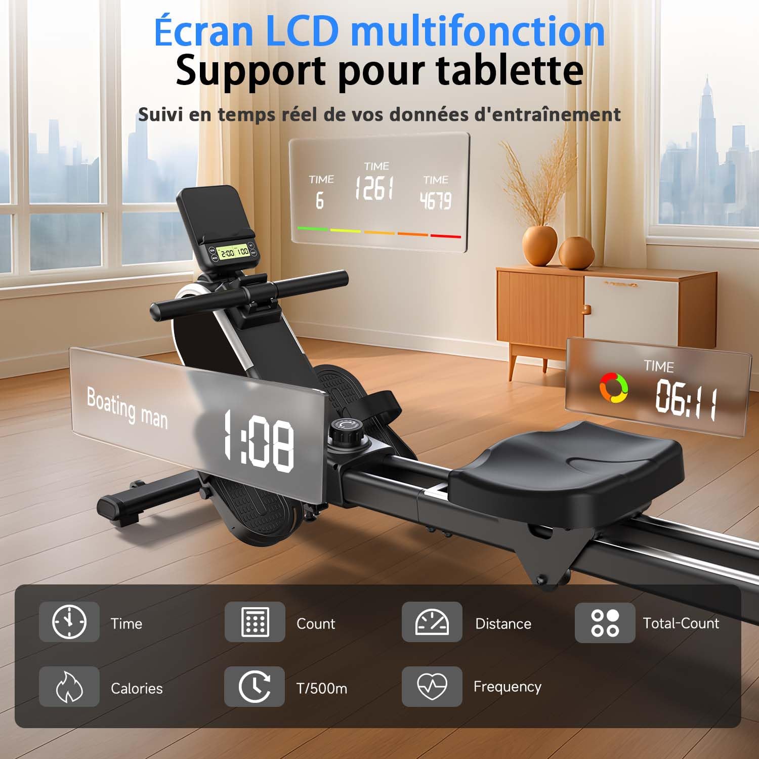 Rameur, CHAOKE Rameur Musculation D'appartement, Rameurs Magnétique Silencieux, Rowing Machine Connecter APP avec Écran LCD,16 Niveaux de Résistance, Rails Doubles Améliorés, Capacité Maximale 160KG