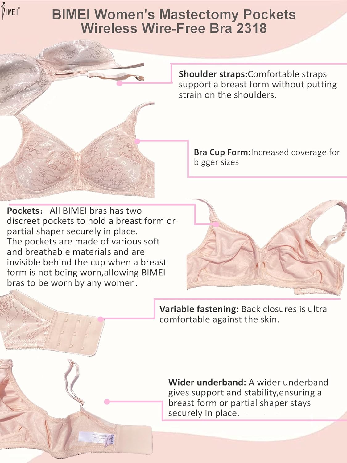 BIMEI Women's Mastectomy Bra Pockets Wireless Post-Surgery Plus Size Sleep Bra -2318,Rose