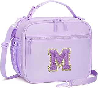 Kids Lunch Box Large Initial Insulated Lunch Bag for Girls | Reusable Toddler Leak-Proof Lunchbox, School Daycare Travel Picnic, Adjustable Strap, Back to School Gift, Purple-M
