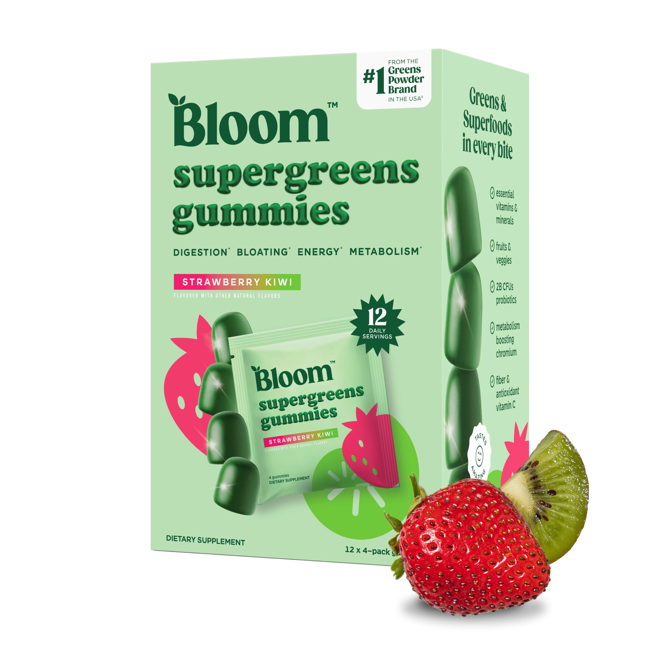 Bloom Super Greens Gummies, Daily Greens Superfood Fiber Gummies with Fruits, Vegetables, Vitamins & Minerals for Digestive & Gut Health, Bloating