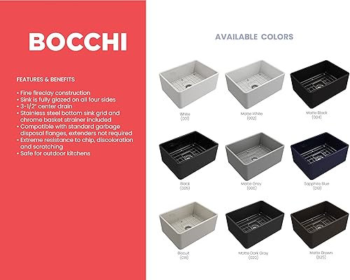 Miniatura 96 de BOCCHI Classico Farmhouse Delantal de arcilla refractaria delantera de 20 pulgadas. Fregadero de cocina de un solo tazón con rejilla inferior Café
