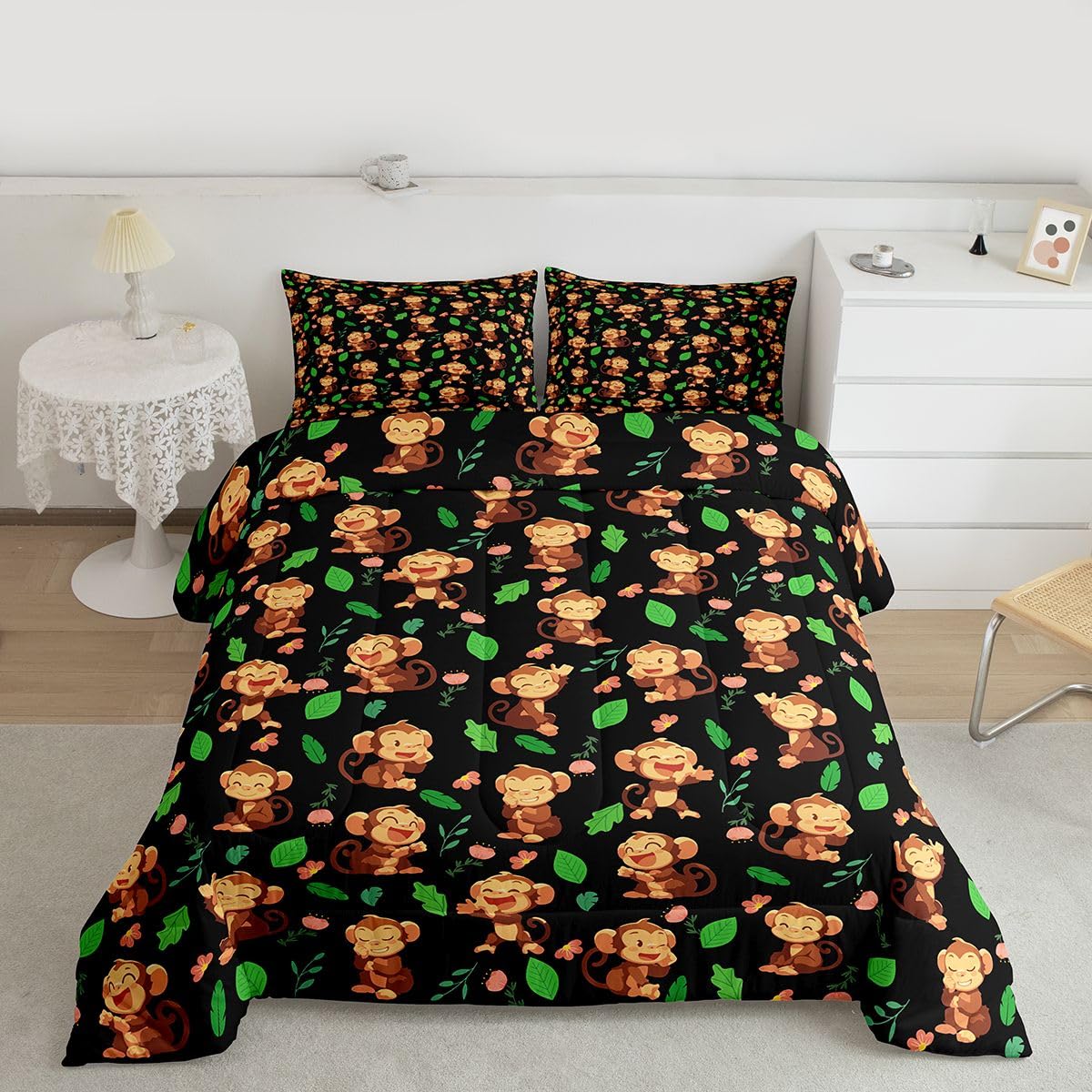 Feelyou Kids Monkey Comforter Set Full Size Cute Animals Bedding Set for Boys Girls Teens Bedroom Decor Kawaii Mokey Comforter Women Men Wildlife Decor Duvet Set with 2 Pillow Case