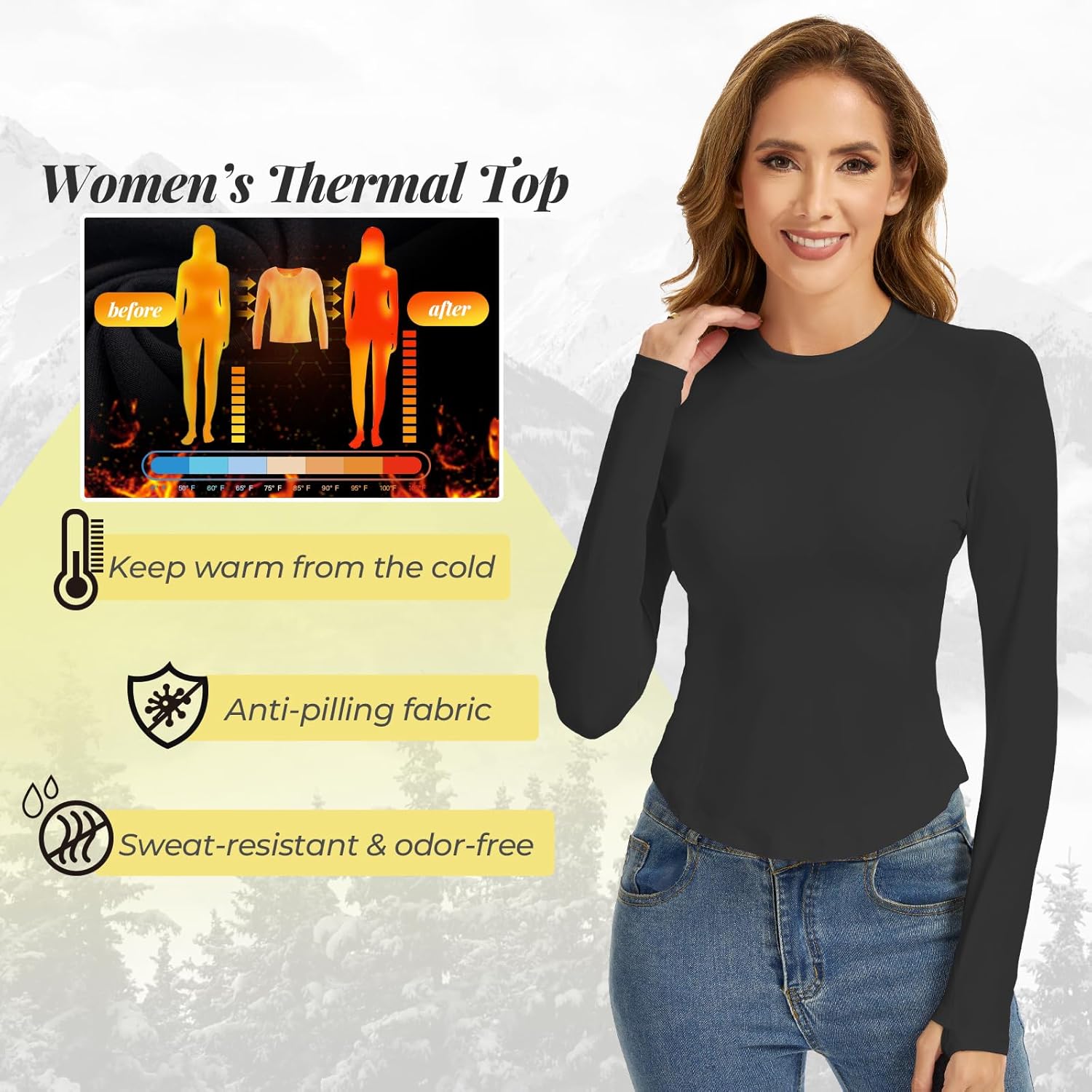 Women Thermal Underwear Shirts, Long Sleeve Thermal Tops Winter Warm Fleece Lined Base Layer for Skiing Running - Image 5