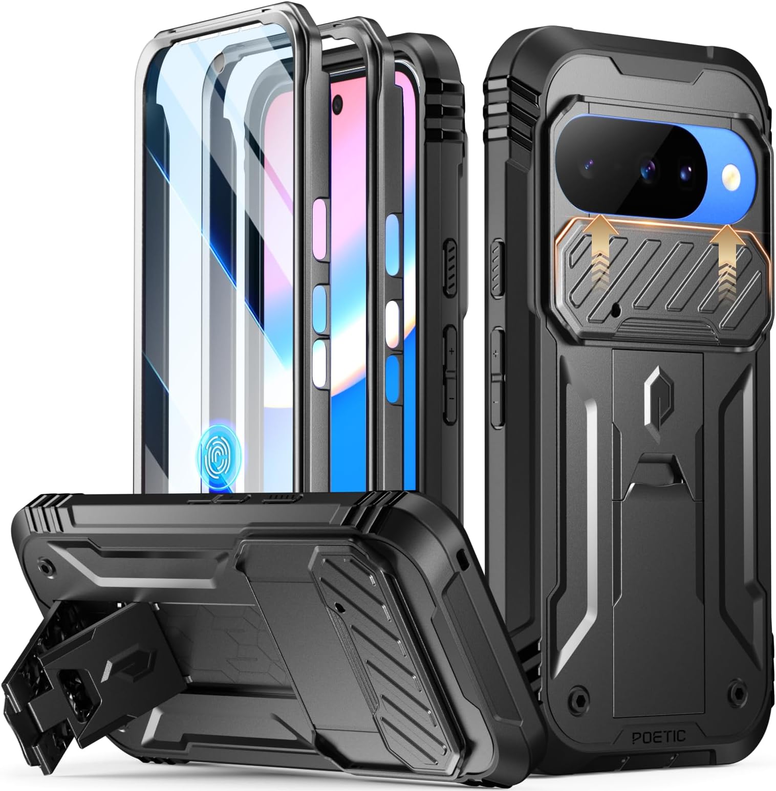 Poetic Revolution Case for Google Pixel 10/10 Pro 5G, [Slide Camera Cover], Built-in Screen Protector [Work with Fingerprint ID], [2 Front Frame] Full Body Rugged Shockproof Case with Kickstand, Black