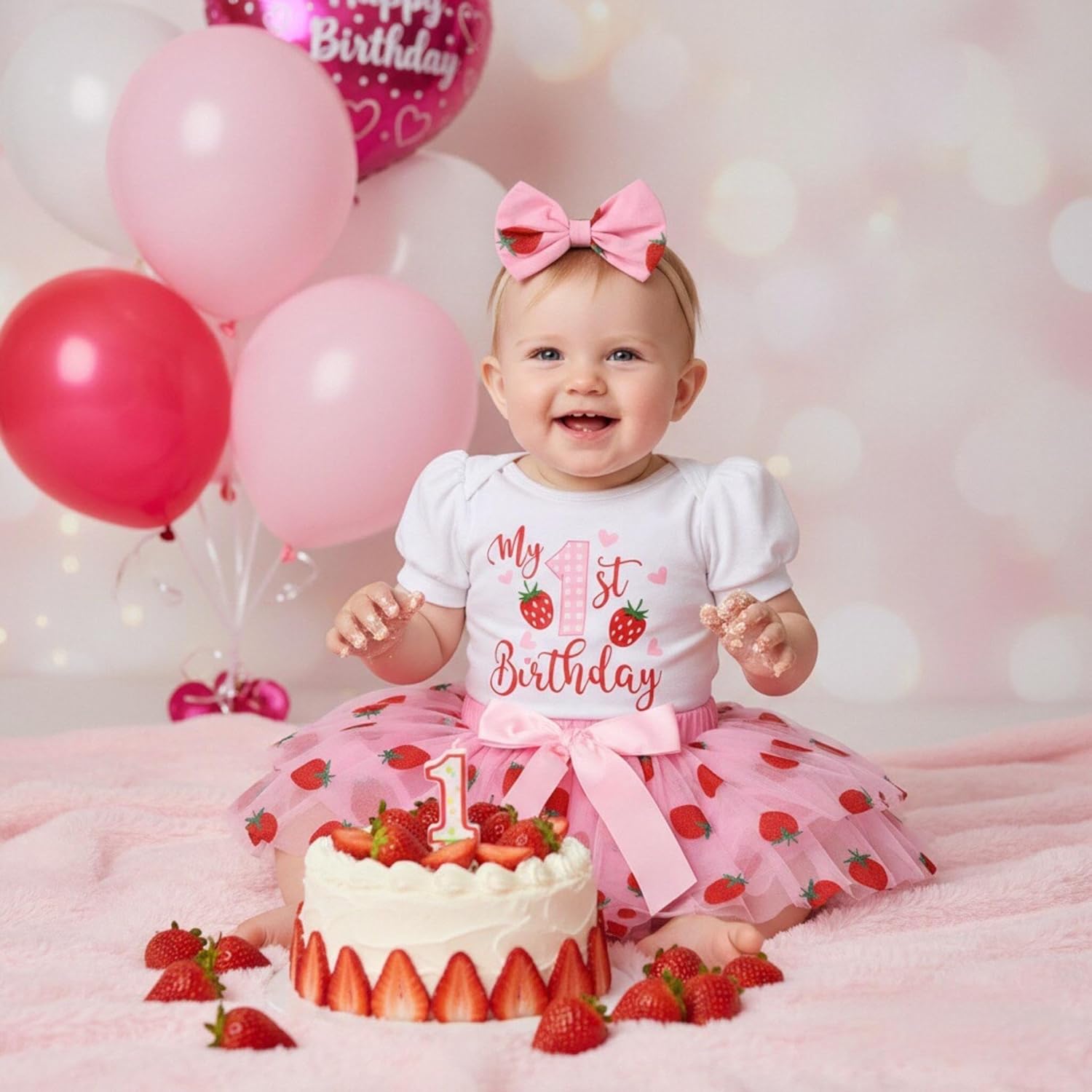 ODASDO Baby Girls First Birthday Cake Smash Outfit Cotton Short Sleeve Romper Tiered Tutu Skirt Bowknot Headband Set - Image 2