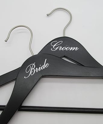 NAHANCO 17" Wooden Hangers, Bride and Groom Set, Black with Silver Imprint 2 Piece Set