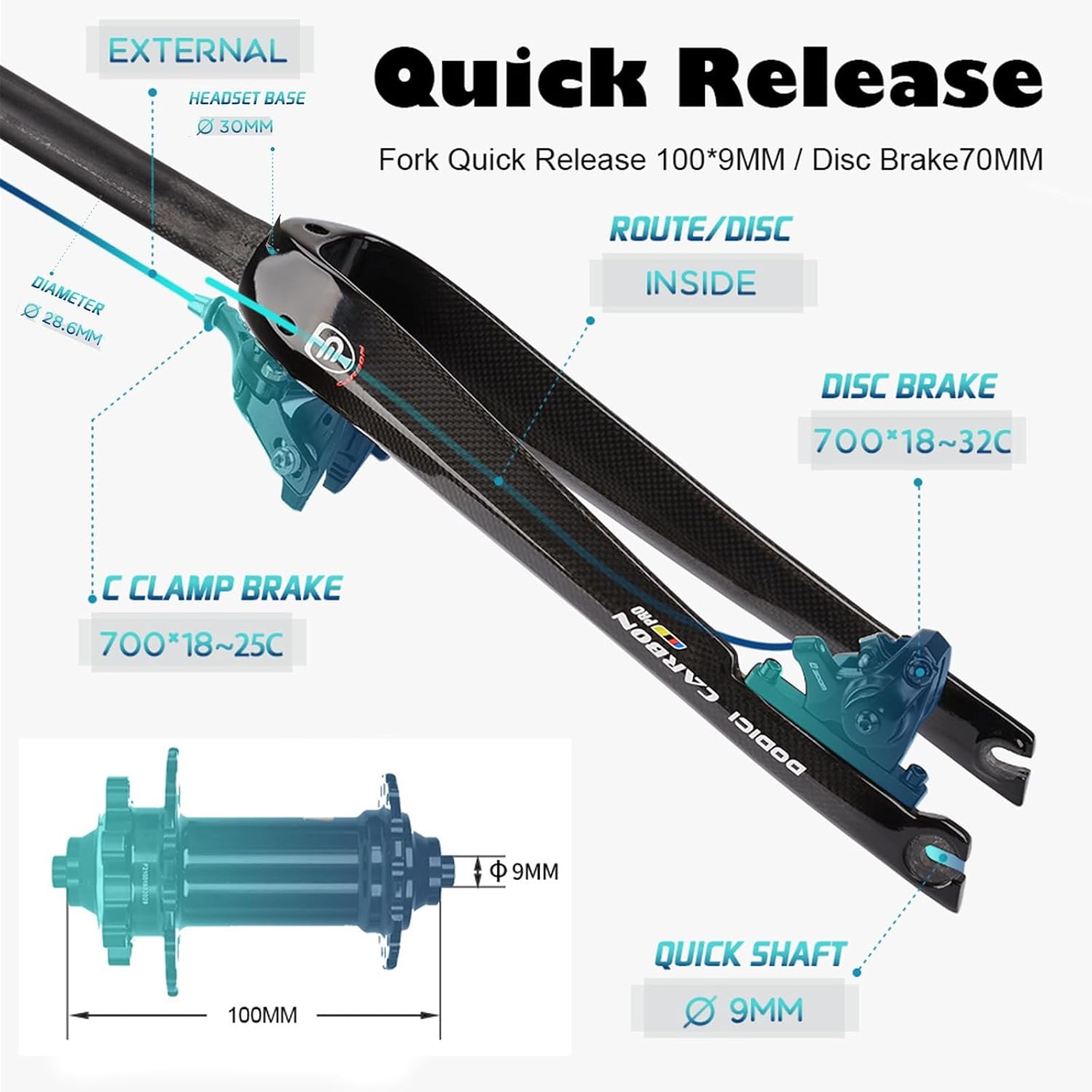 700C Carbon Fiber Rigid Front Fork 1-1/8'' Tapered Tube Quick Release 9mm Disc/C Brake Forks Road Bike Rigid Fork QR 9mm