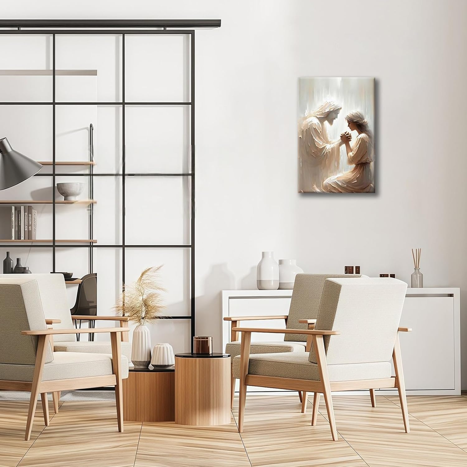 Framed Jesus Canvas Wall Painting Christian Jesus and Praying Woman Wall Decor Bible Art, Healing Woman Living Room Print Poster, Prayer Room Church Decor Ready to Hang 16x24 Inch