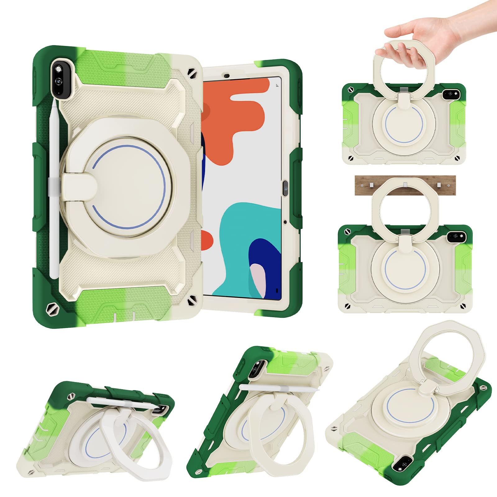 Custodia in silicone per tablet Huawei MatePad 10.4", custodia antiurto con portamatite, tracolla, anello rotante grande supporto appeso per bambini