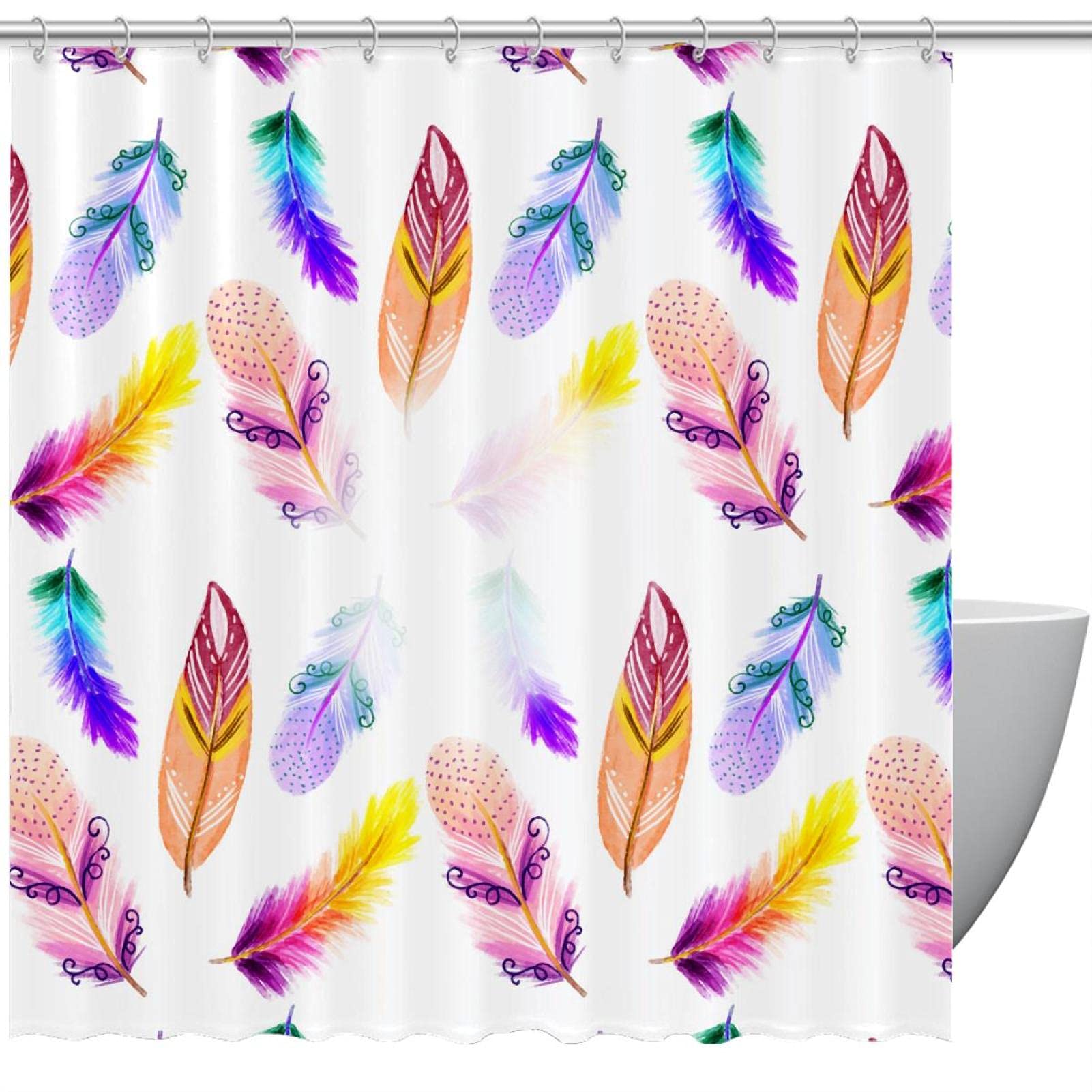 Rideau de douche Boho Feather 60x72 pouces avec 12 crochets pour baignoire sans odeur