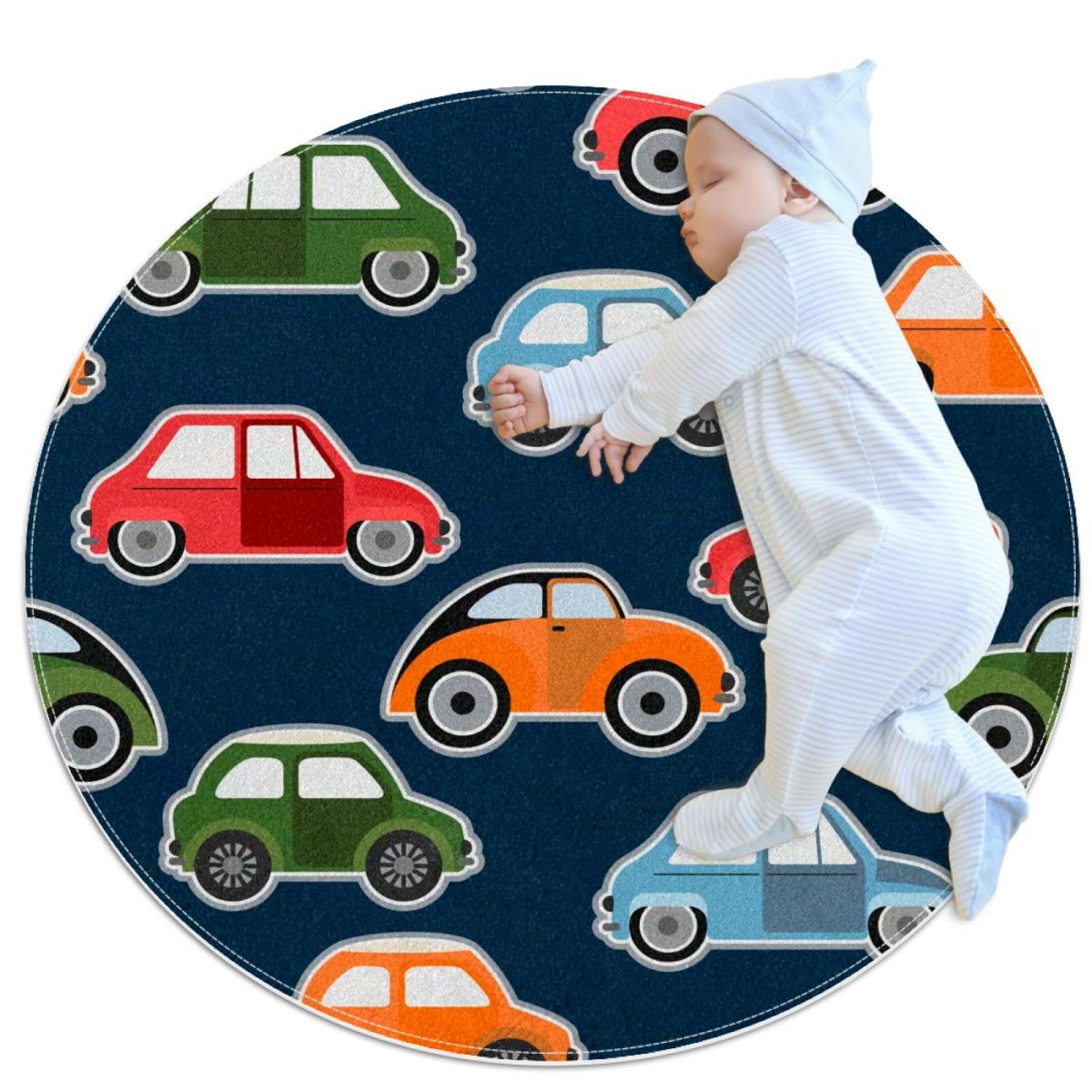 Tapis de salle de bain antidérapant à motif voitures avec grand diamètre rond de 1m