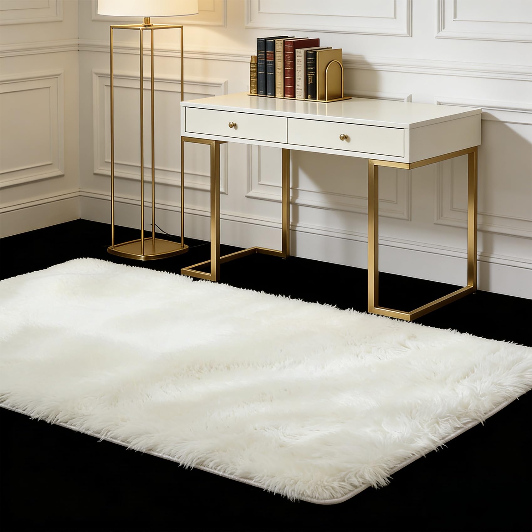 Tapis salon antidérapant et moelleux blanc 132x200 facile à laver