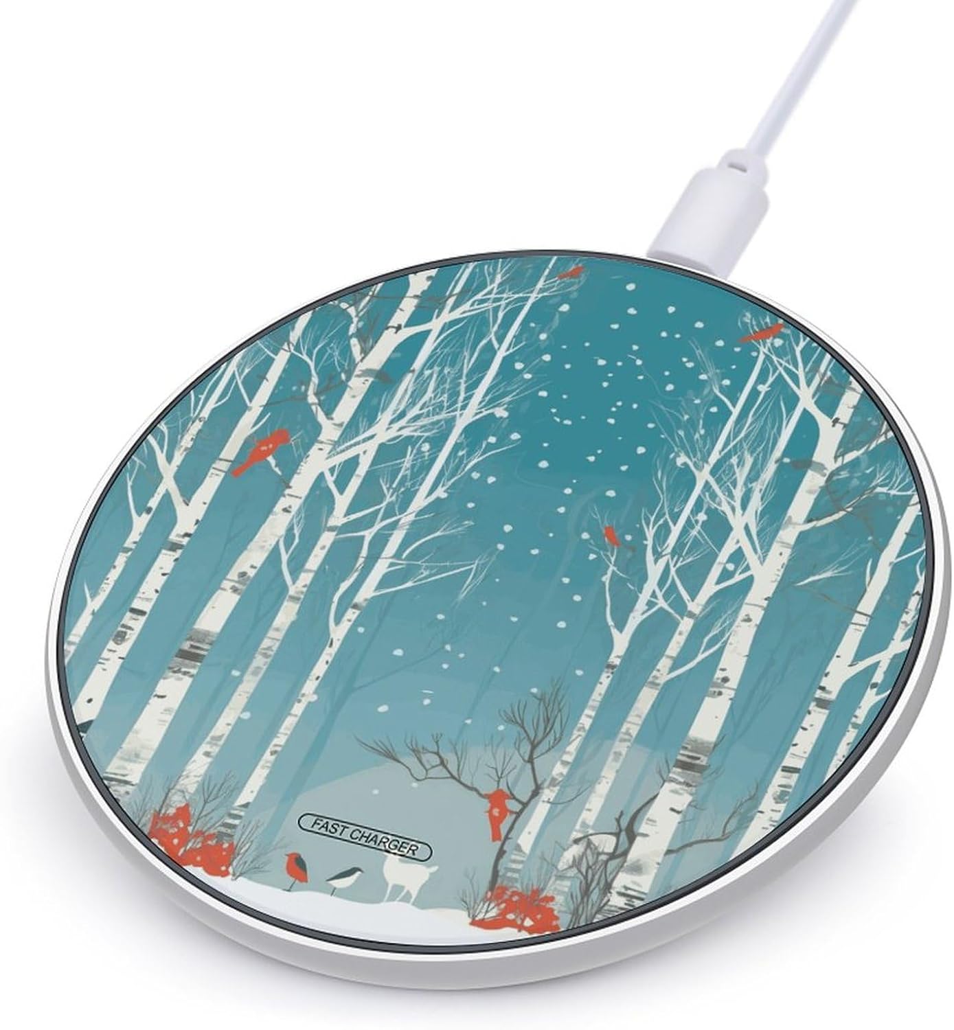 Merry Christmas Birch Tree Wireless Charger Fast Wireless Charging Pad with USB Cable 10W Anti-Slip Magnetic Wireless Charger Portable Slim Charger Puck Travel Charging Station