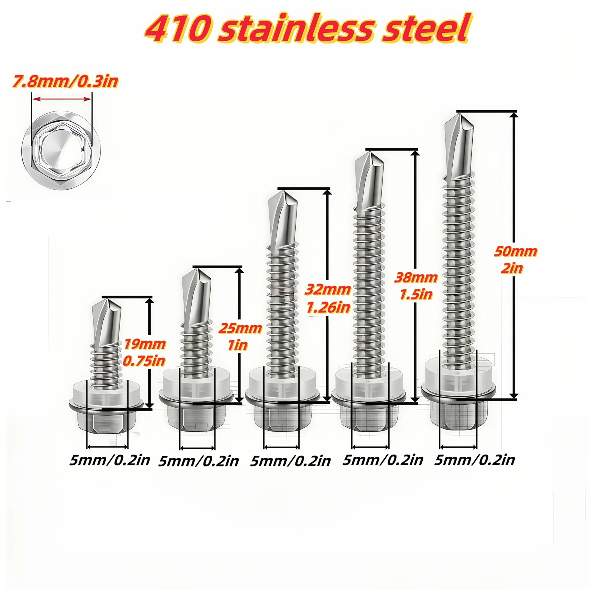 100 Uds 410 tornillos autorroscantes TEK con cabeza de arandela hexagonal magnética acero inoxidable enchufes gratis-rosca gruesa 5mm, R completa(100 pcs 50mm(2in))