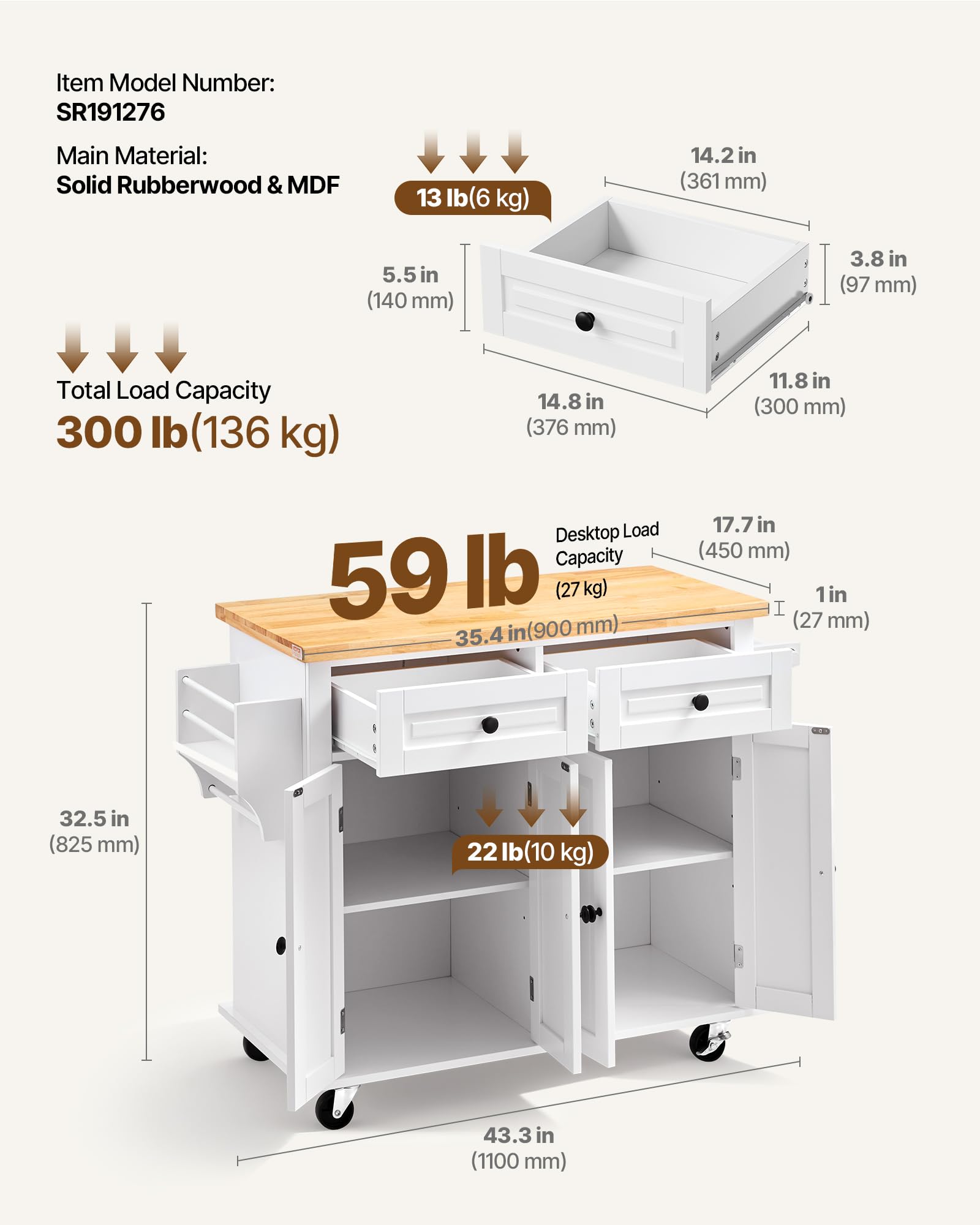 VEVOR Îlot Central 90x45 cm Desserte de Cuisine à roulettes 2 Armoires 2 Tiroirs Meuble de Cuisine avec Plan de Travail en Bois Massif Porte-Épices Porte-Serviettes Buffet de Rangement Bar Cuisine