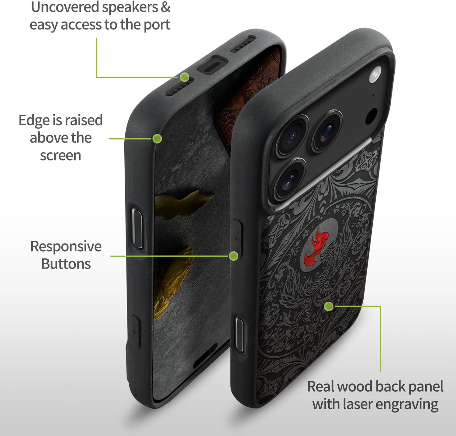 Carveit Magnetic Case for iPhone 17 Pro Max Case, Wood Artisan Engraved & Handmade Shell Inlaid, TPU Shockproof Cover, Compatible with MagSafe Wireless Chargers (Phoenix in Symmetry-Blackwood)