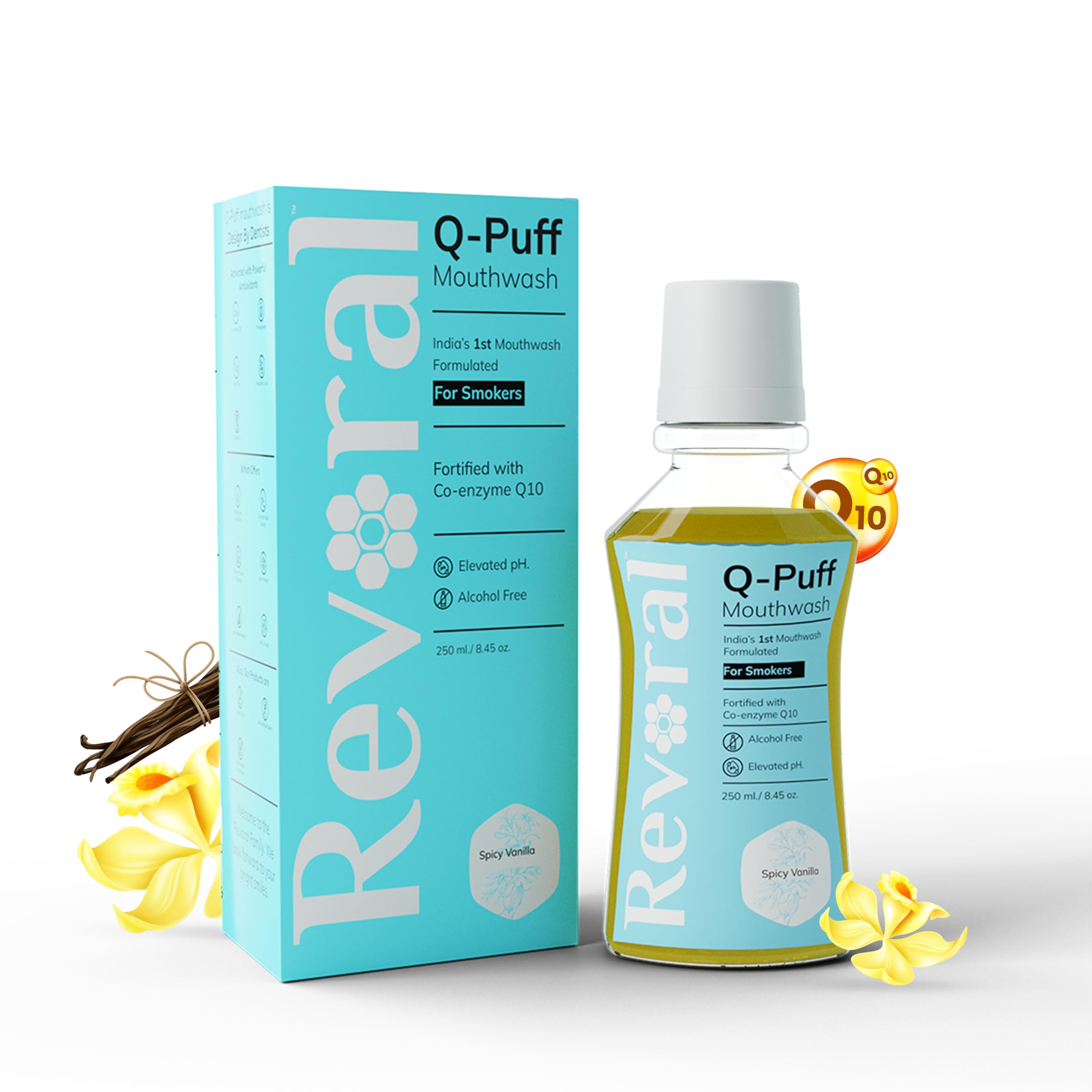 Revoral Q-Puff Spicy Vanilla Mouthwash | For Smokers | Antioxidant | Coenzyme Q10 & Pomegranate For Oral Health | No Artificial Colors | Alcohol Free | Freshens Breath (Pack of 1 (250 ml), Vanilla) (B0CTMKGR21) Amazon Price History, Amazon Price Tracker