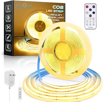 COB LED Light Strip,32.8FT/10M 3000K Warm White Continuous Strip Light, 8mm Wide,24V Dimmable LED Lights with Remote Control,CRI90+ Ultra Bright Flexible Light Strip for Cabinet,Backlight,Home Decor