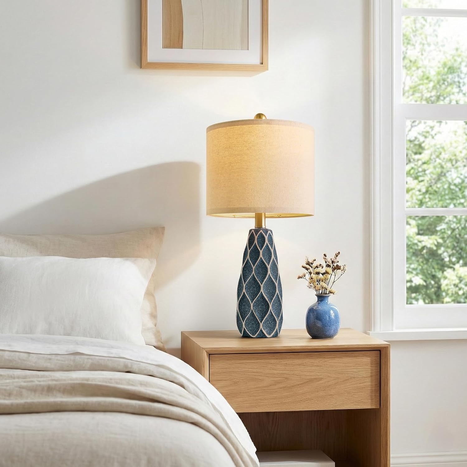 20.75" Small Table Lamps for Living Room Bedroom Lamps Set of 2 Ceramic Modern Boho Bedside Lamps Night Stands Farmhouse Vintage Nightstand Lamp Reading Light Home Office Dorm Desk Deco Gifts, Blue
