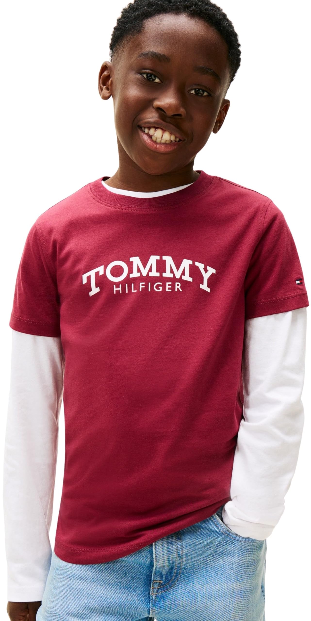 Tommy Hilfiger Boys Monotype Print Graphic Short Sleeve T-Shirt - Dark Red