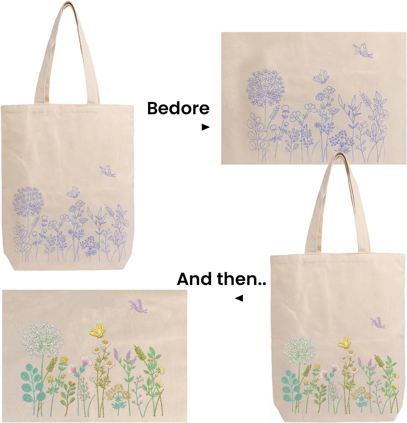 CREAWONDER Canvas Tote Bag Embroidery Kit with Pattern for Beginners, Arts and DIY Embroidery Crafts Kits for Adults, Include Instructions, Embroidery Hoops, Color Threads and Tool