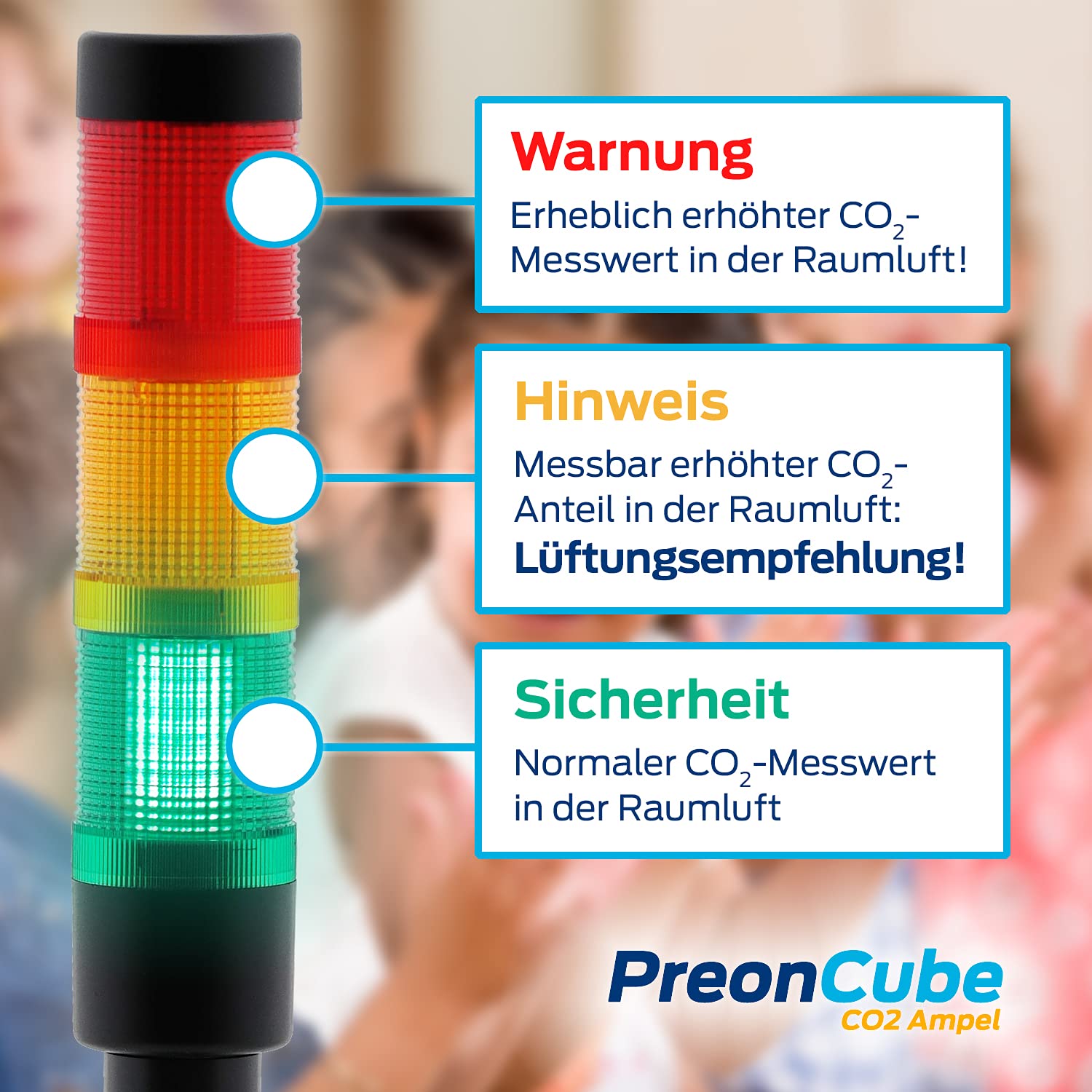 PreonCube CO2 Ampel CO2 Messgerät für bessere Raumluft | 360° Ampel, Sensoren für CO2, Temperatur, Luftfeuchtigkeit, aktivierbarer Warnton, WLAN, Made in Germany