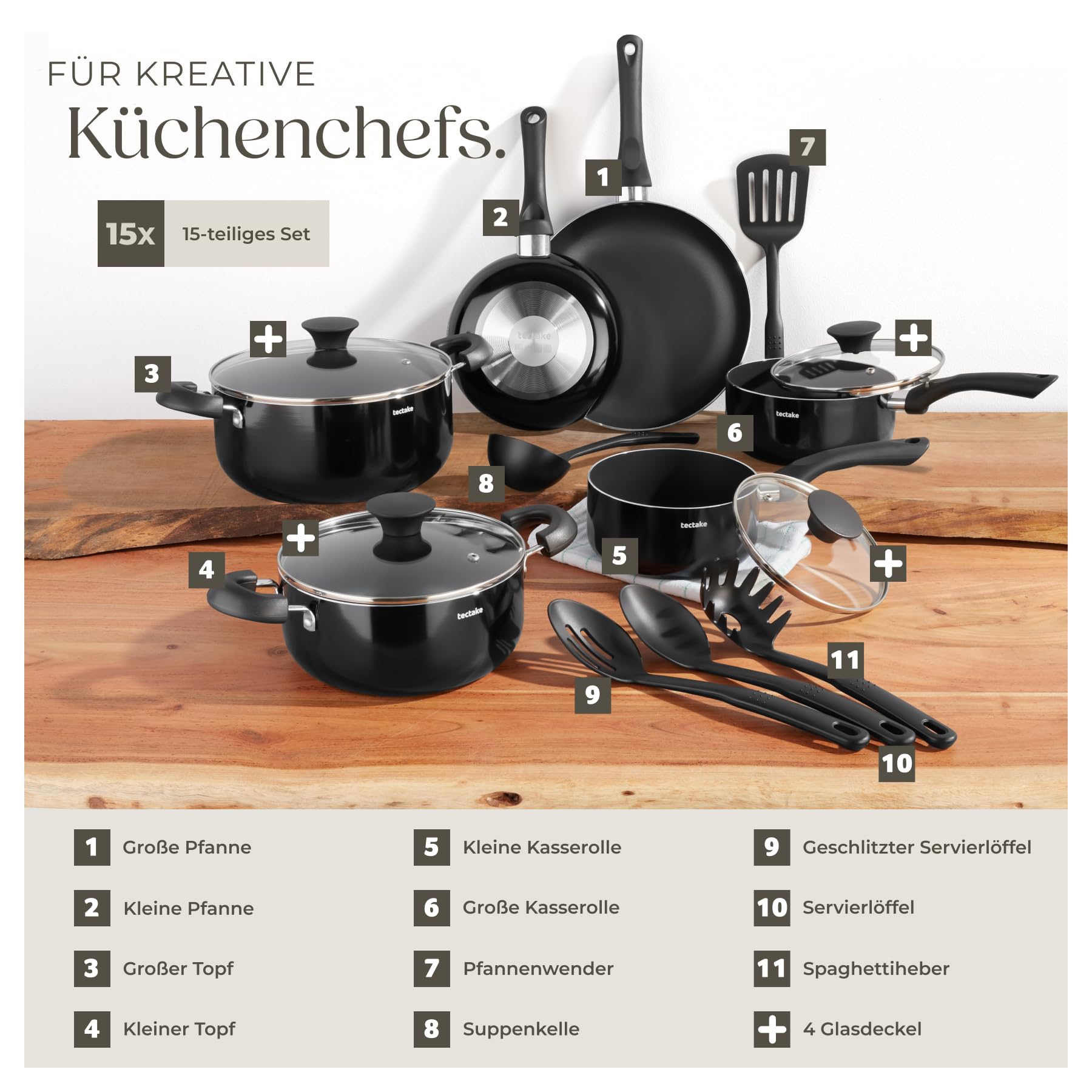 tectake® 15tlg Set mit 5x Küchenhelfer, 2x Pfanne, 4x Topf, jeweils mit Deckel, Kochtopf Set Antihaft Beschichtung, Töpfe + Pfannen aus Aluminium, Zubehör für Haushalt, Camping und Küche