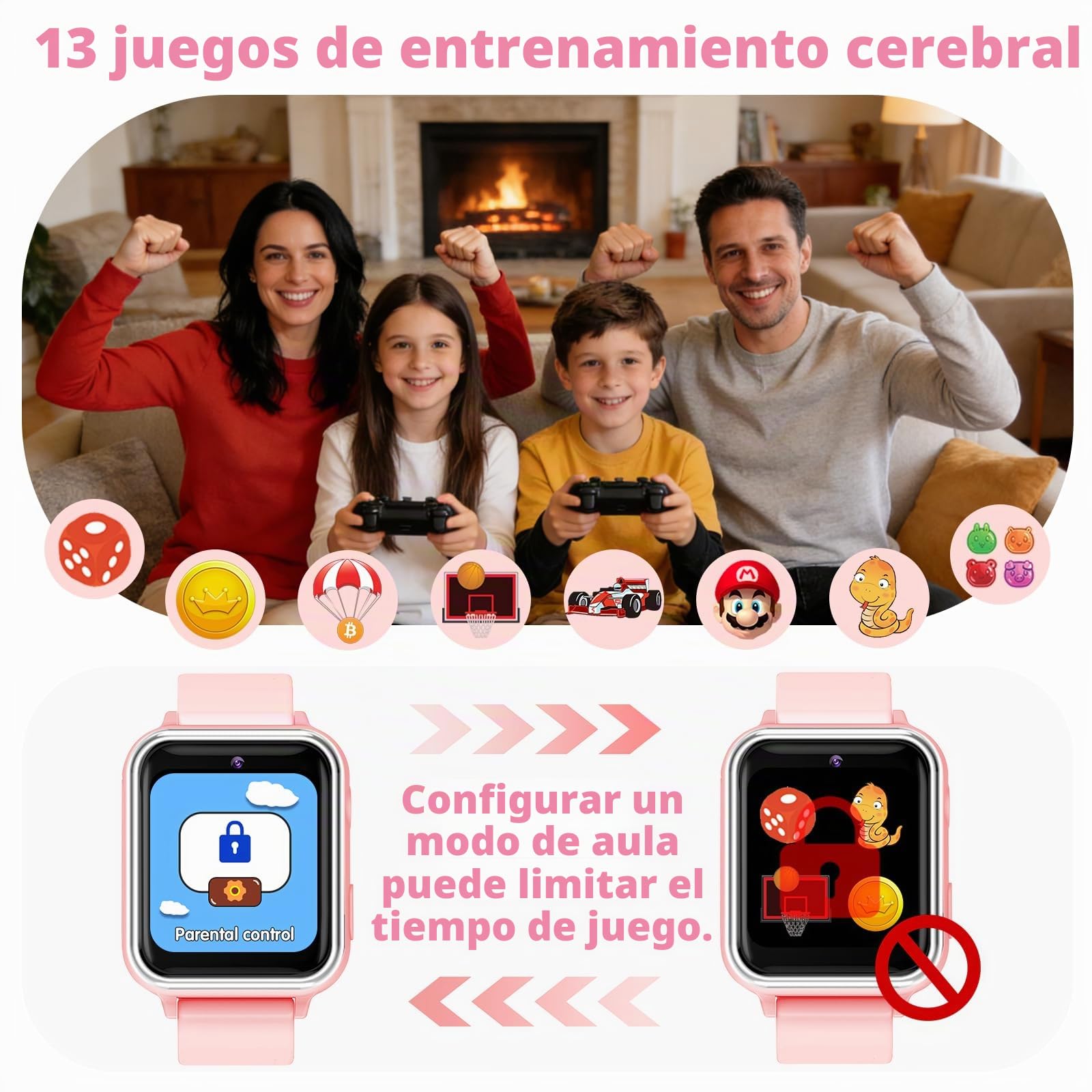 PTHTECHUS Smartwatch Niños, Reloj Inteligente niño con 13 Juego, podómetro, Cámara, Grabación de vídeo, Música, SOS, Linterna, Despertador, Reloj Teléfono para Niños y Niñas 4-12 Años (Rosa)